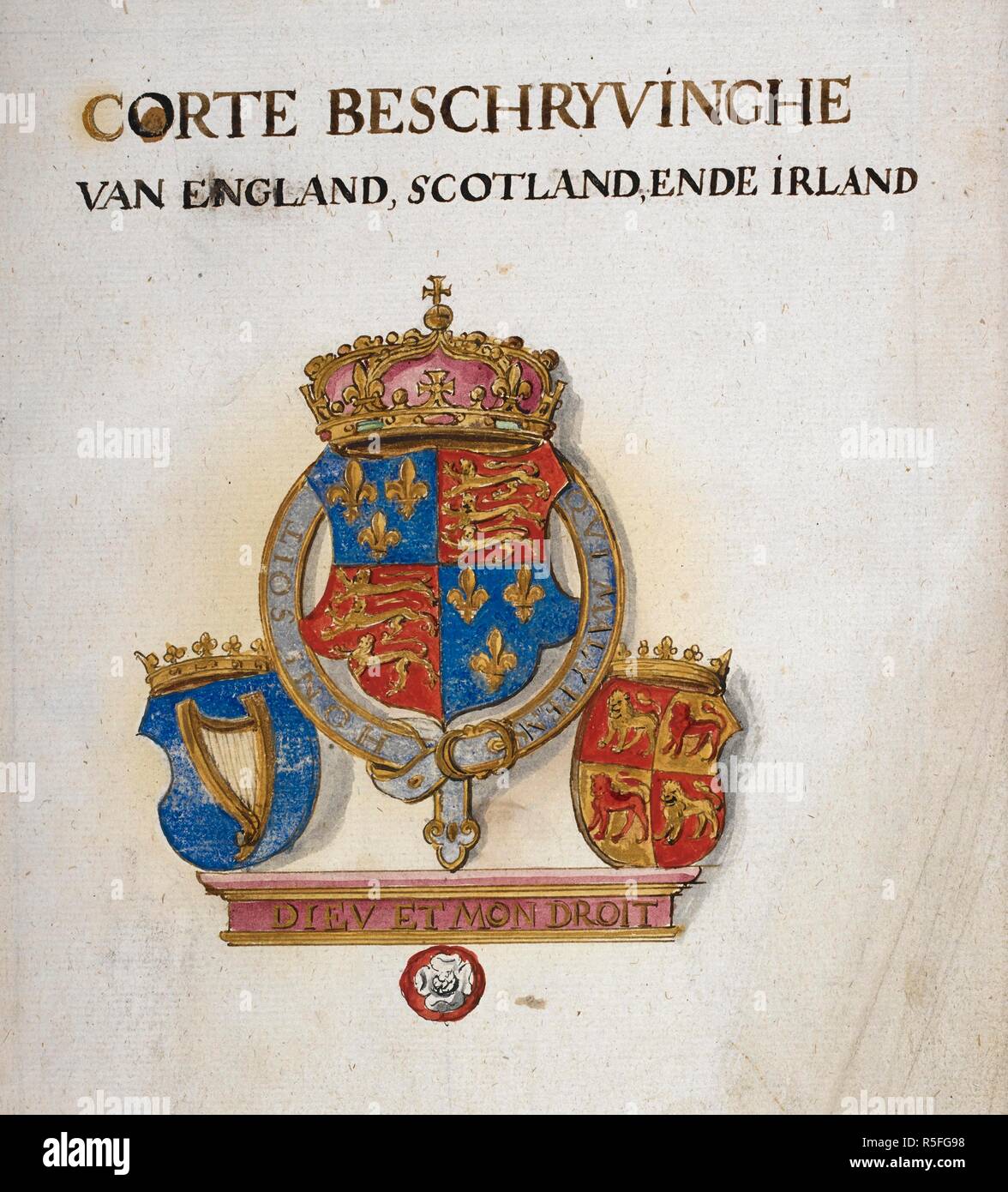 The royal arms of England, Scotland and Ireland at the time of Elizabeth I.  Corte Beschryvinghe van Engheland, Schotland, ende Irland, a short  description of England, Scotland and Ireland. England, London, 1573-1575.