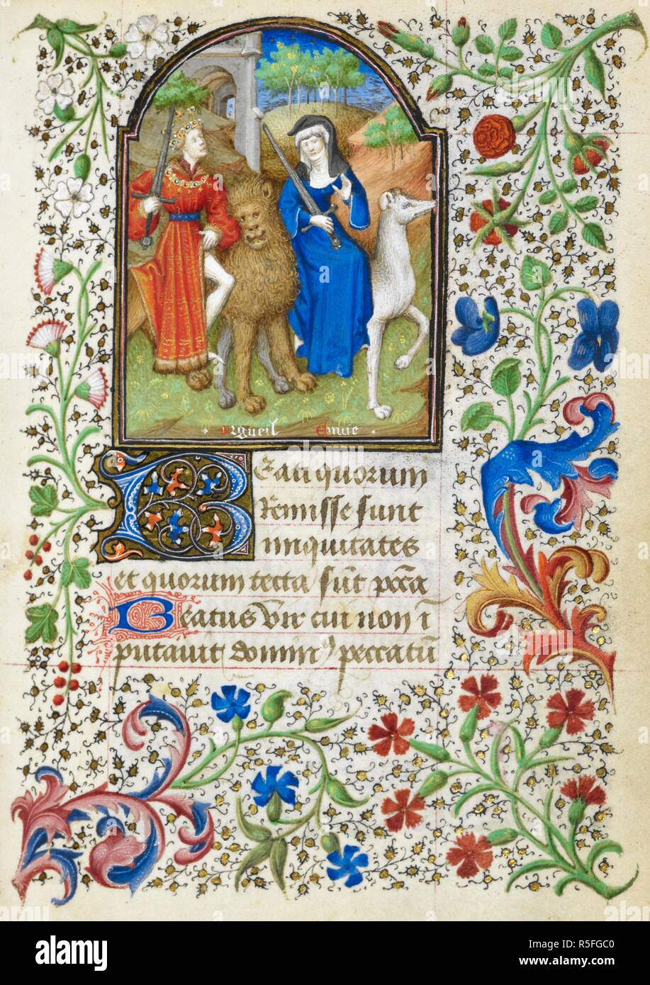 Miniature of a man with a sword riding a lion, as a personification of Pride (Orgueil). A woman with a sword, riding a wolf, as a personification of Envy (Envie), with a full foliate border, in the Penitential Psalms. Book of Hours, Use of Rome ('The Dunois Hours'). France, Central (Paris); c. 1440 - c. 1450 (after 1436). Source: Yates Thompson 3, f.159. Language: Latin, with a French calendar. Stock Photo