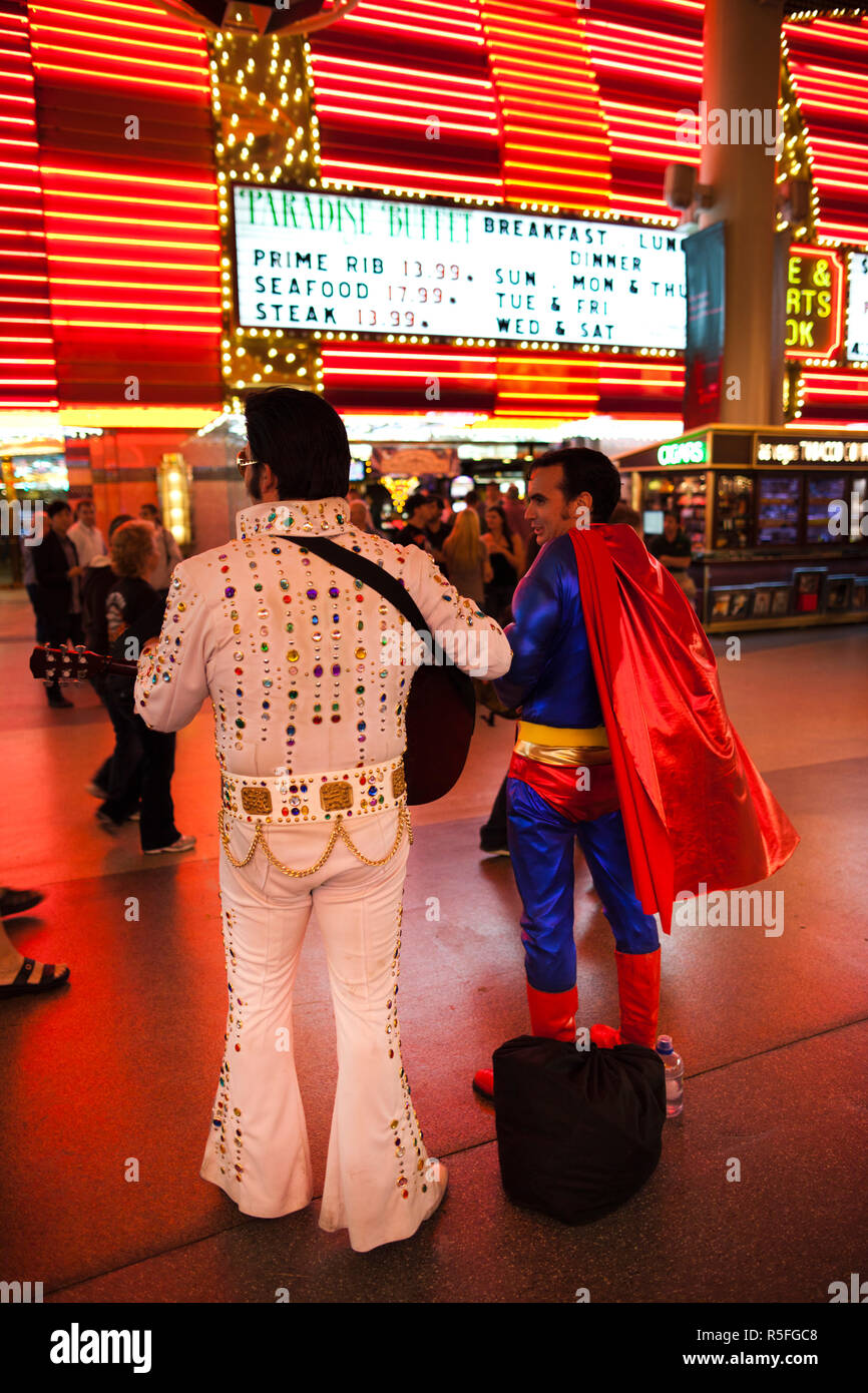 USA, Nevada, Las Vegas, Downtown, Fremont Street Experience, Elvis Presley and Superman, NR Stock Photo