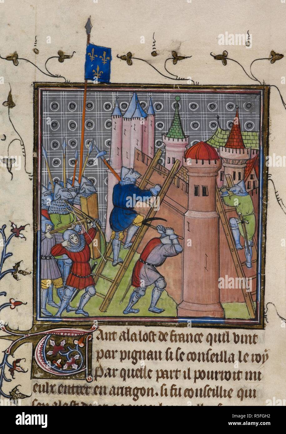French destroy Genoa. Chroniques de France ou de St. Denis. End of 14th century. (Miniature) The French destroy Genoa; soldiers shown scaling the walls, firing crossbows and wielding a pick-axe.  Image taken from Chroniques de France ou de St. Denis.  Originally published/produced in End of 14th century. . Source: Royal 20 C. VII, f.19. Language: French. Stock Photo