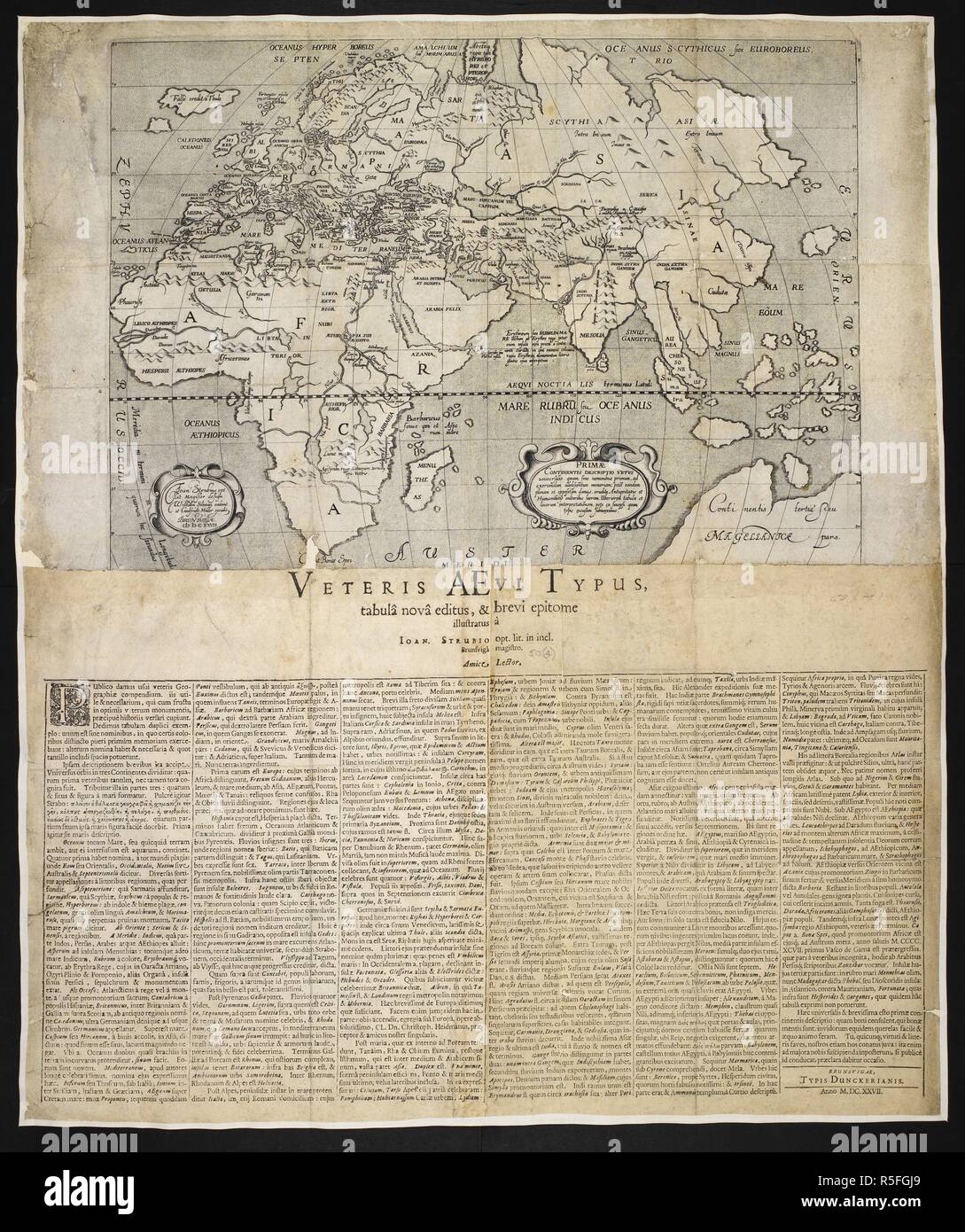 A map of the world. Primae Continentis Descriptio Vetus universalis, etc. Joan. Strubius ... design. Wilhelm Schwan coelavit. [With text.] Veteris AEvi Typus, tabulaÌ‚ novaÌ‚ editus & brevi epitome illustratus aÌ€ Joan. Strubio. Brunsvigae : Godfridt MuÌˆller excudit; Typis Dunckerianis, 1627. Source: Maps *50.(4.). Stock Photo