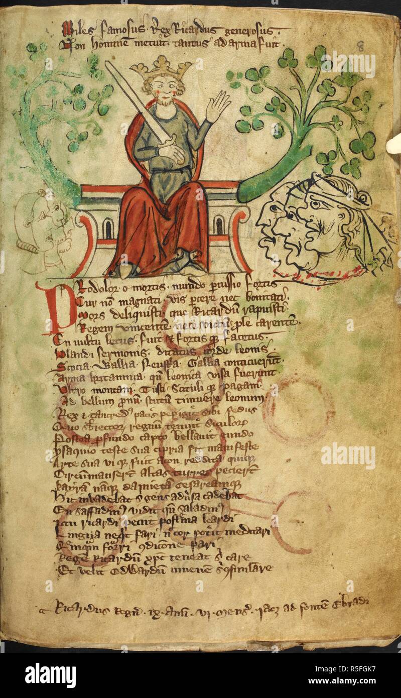 King Richard I with sword, on his throne, with three Christians' heads   beneath on the left; and three Saracens' heads (cut off) on the right. Twenty-four lines of text. Chronicle of England. England, 1st half of the 14th century. Source: Royal 20 A. II f.8. Language: Latin and French. Author: Langtoft, Peter de. Stock Photo