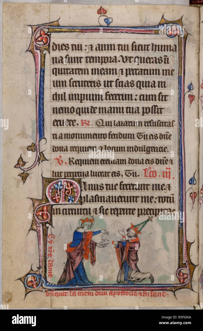 Bas-de-page scene of the Virgin Mary reattaching the severed hand of a pope, who kneels before her, with a caption reading, â€˜Cy n[ost]re dame b[e]nquit la mein dun apostoile et fu saneâ€™ . Book of Hours, Use of Sarum ('The Taymouth Hours'). England, S. E.? (London?); 2nd quarter of the 14th century. Source: Yates Thompson 13, f.164v. Language: Latin and French. Stock Photo