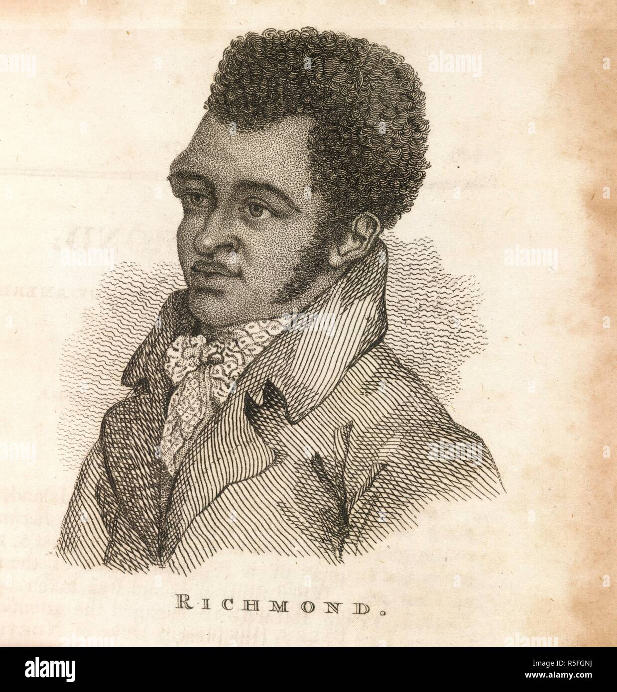 Bill Richmond. Boxiana; or Sketches of ancient and modern pugilis. G. Smeeton: London, 1812. Bill Richmond (1763-1829). Pugilist/Boxer. Portrait. The son of former slaves, Richmond became a respected boxer. He fought a famous match against the British champion Tom Cribb in 1805. After retirement he established a boxing academy in London. Became a popular publican and respected member of the Fancy.  Image taken from Boxiana; or Sketches of ancient and modern pugilism; from the days of the reowned Broughton and Slack, to the heroes of the present milling Ã¦ra! By One of the Fancy [i.e. Pierce Eg Stock Photo