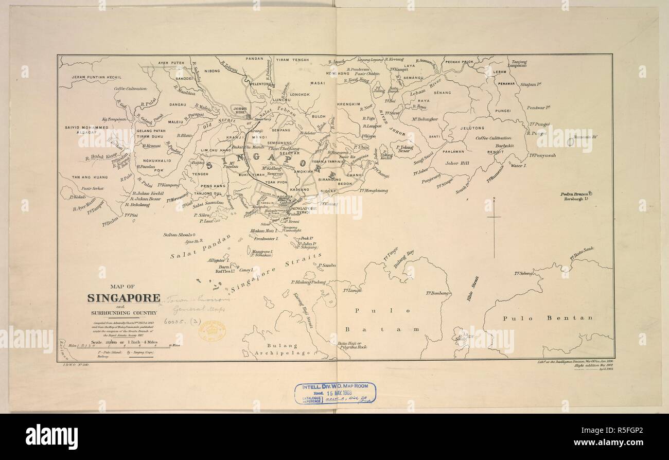 A map of Singapore and the surrounding country. Map of Singapore and surrounding country ... Scale, 1 : 253,440, etc. 1903. Source: Maps 60035.(3.). Language: English. Stock Photo
