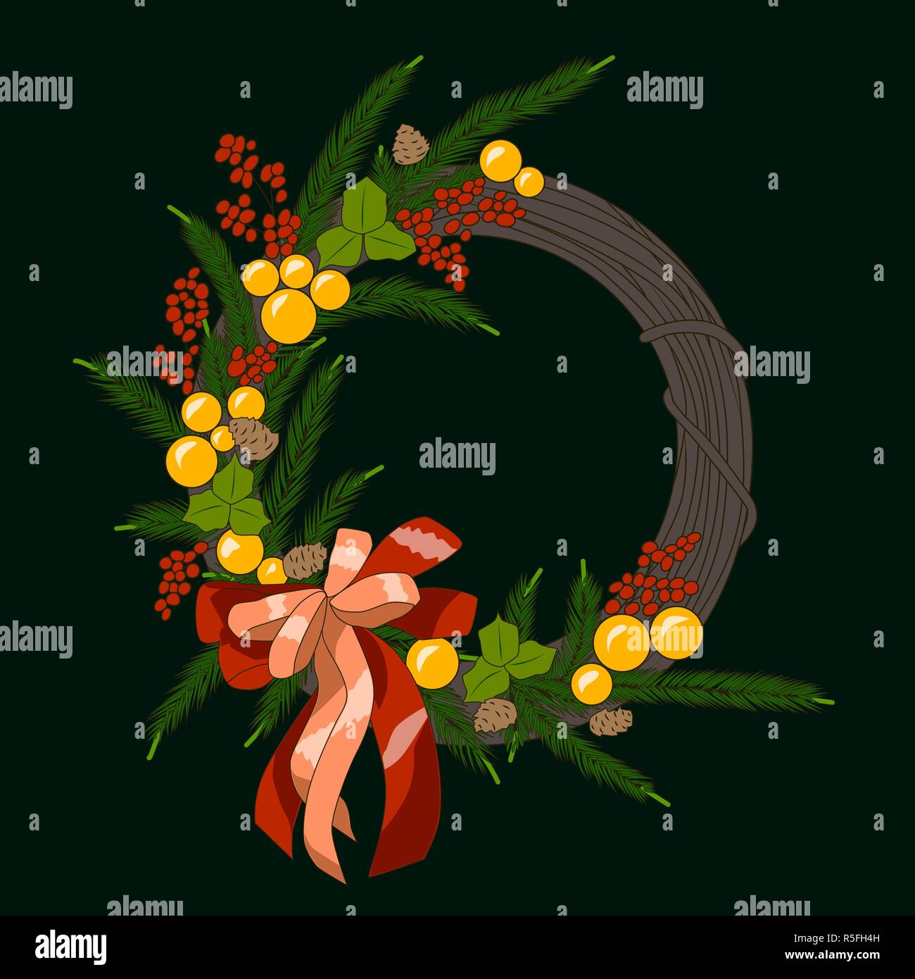Christmas wreath with balls, berries, branches and bow, vector ...