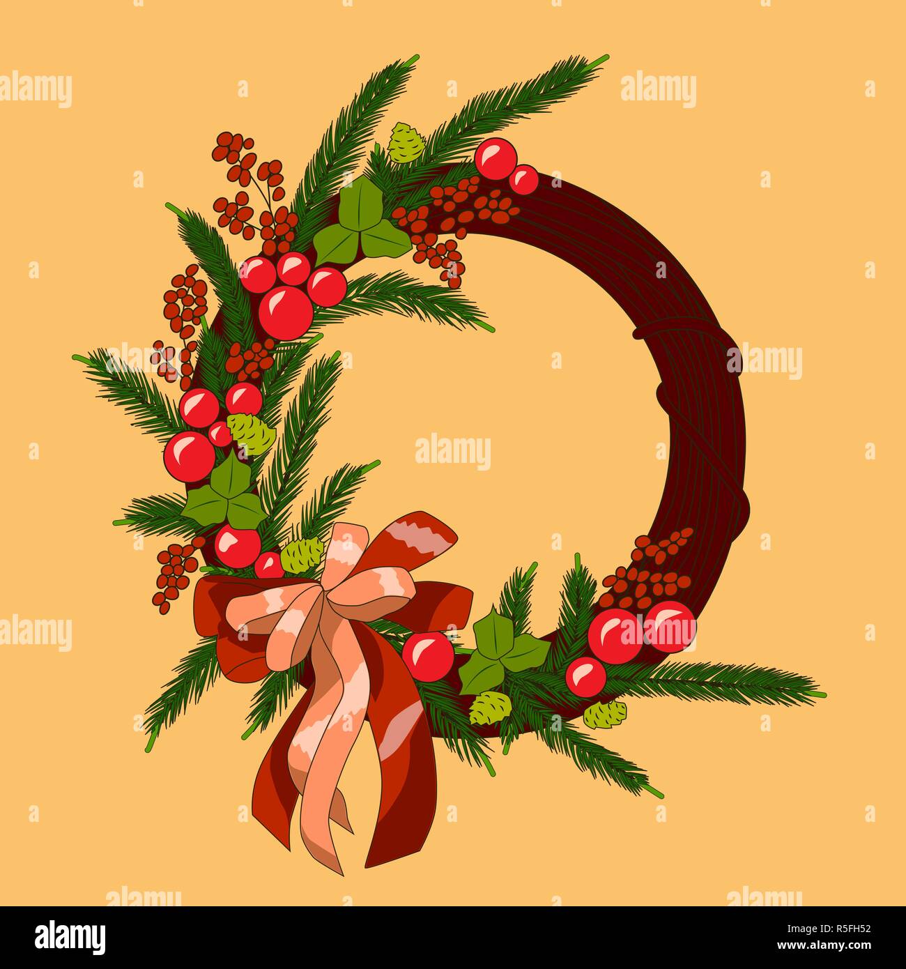 Christmas wreath with balls, berries, branches and bow, vector ...