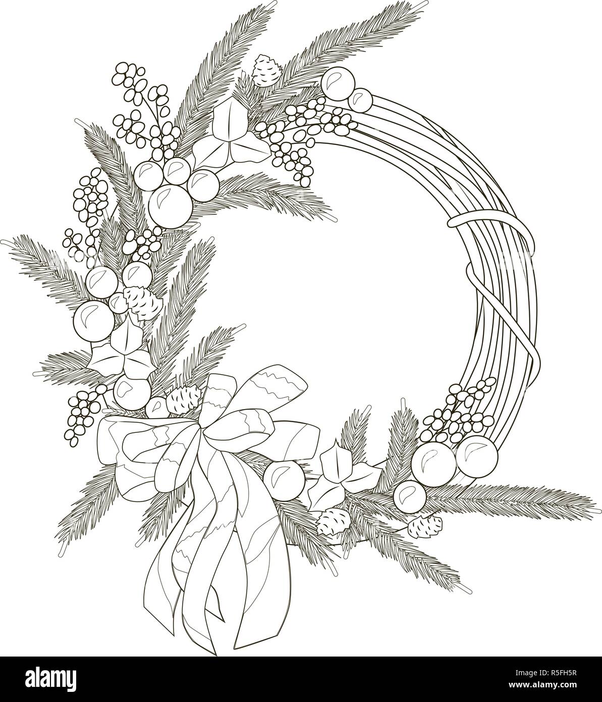 Christmas wreath with balls, berries, branches and bow, vector ...
