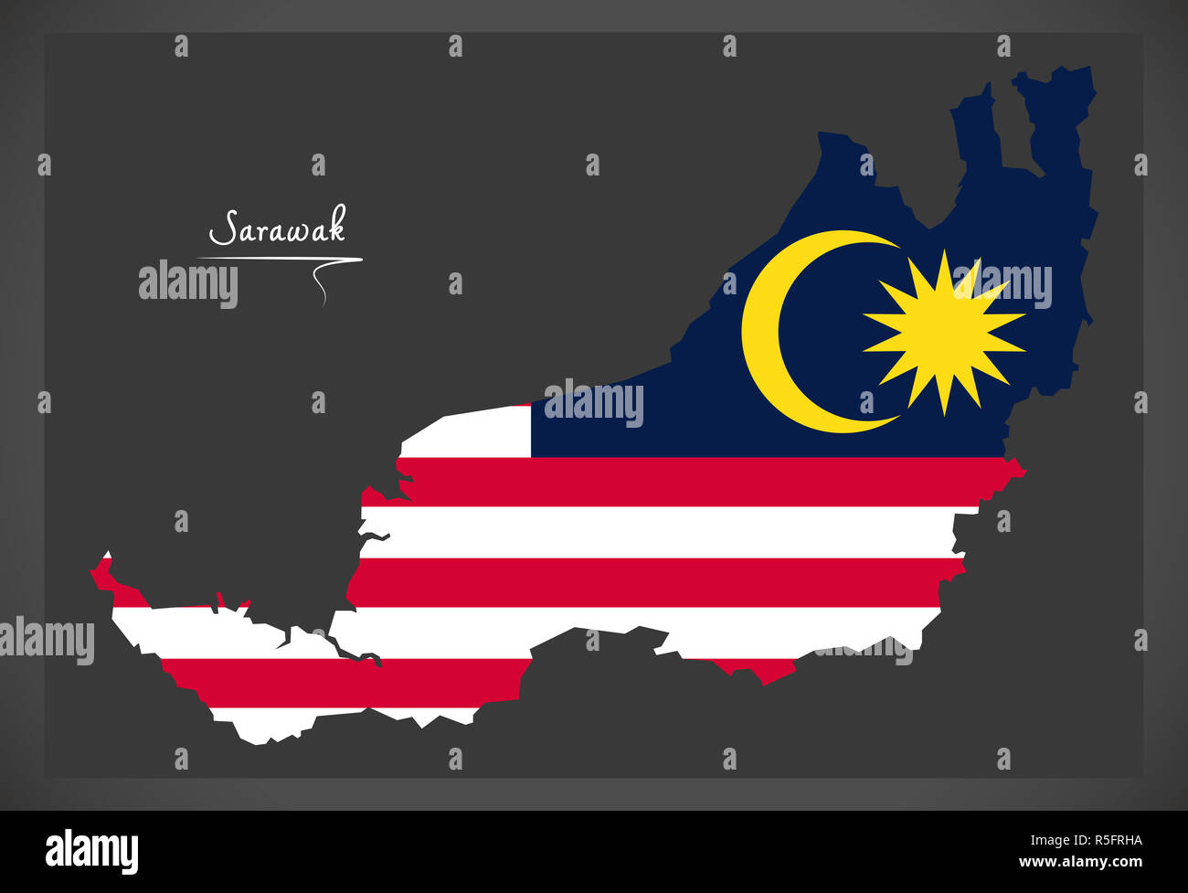 Sarawak Malaysia map with Malaysian national flag illustration Stock Photo