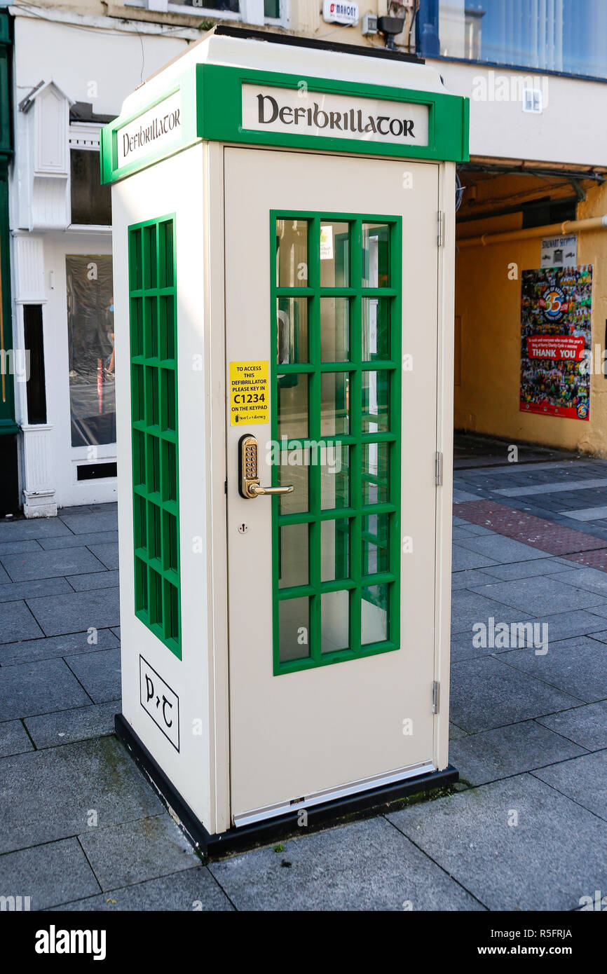 Defibrillator in phone box, Killarney, Ireland Stock Photo