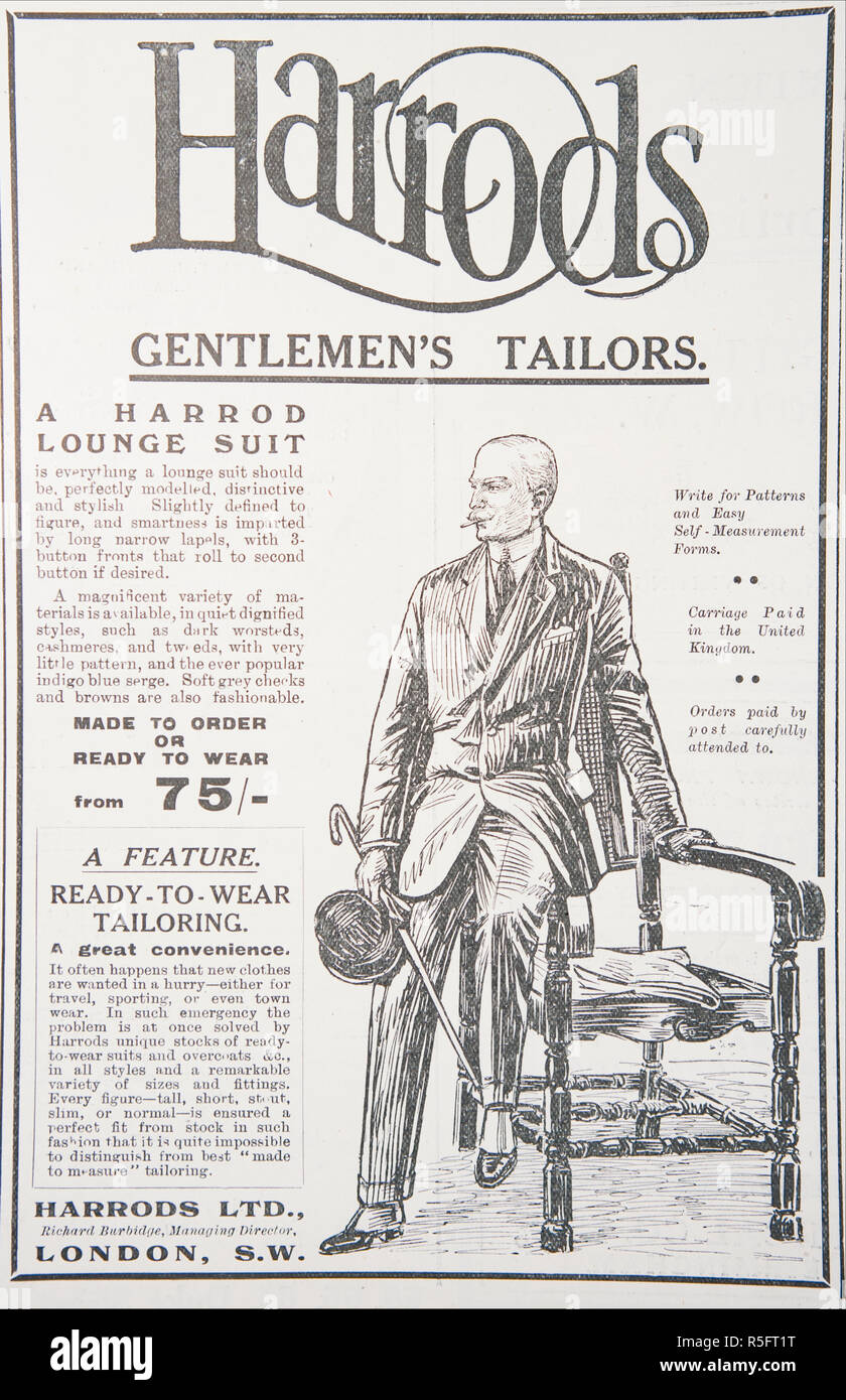 An advert for Harrods Gentlemen’s Tailors. From an old British magazine from the 1914-1918 period. Stock Photo
