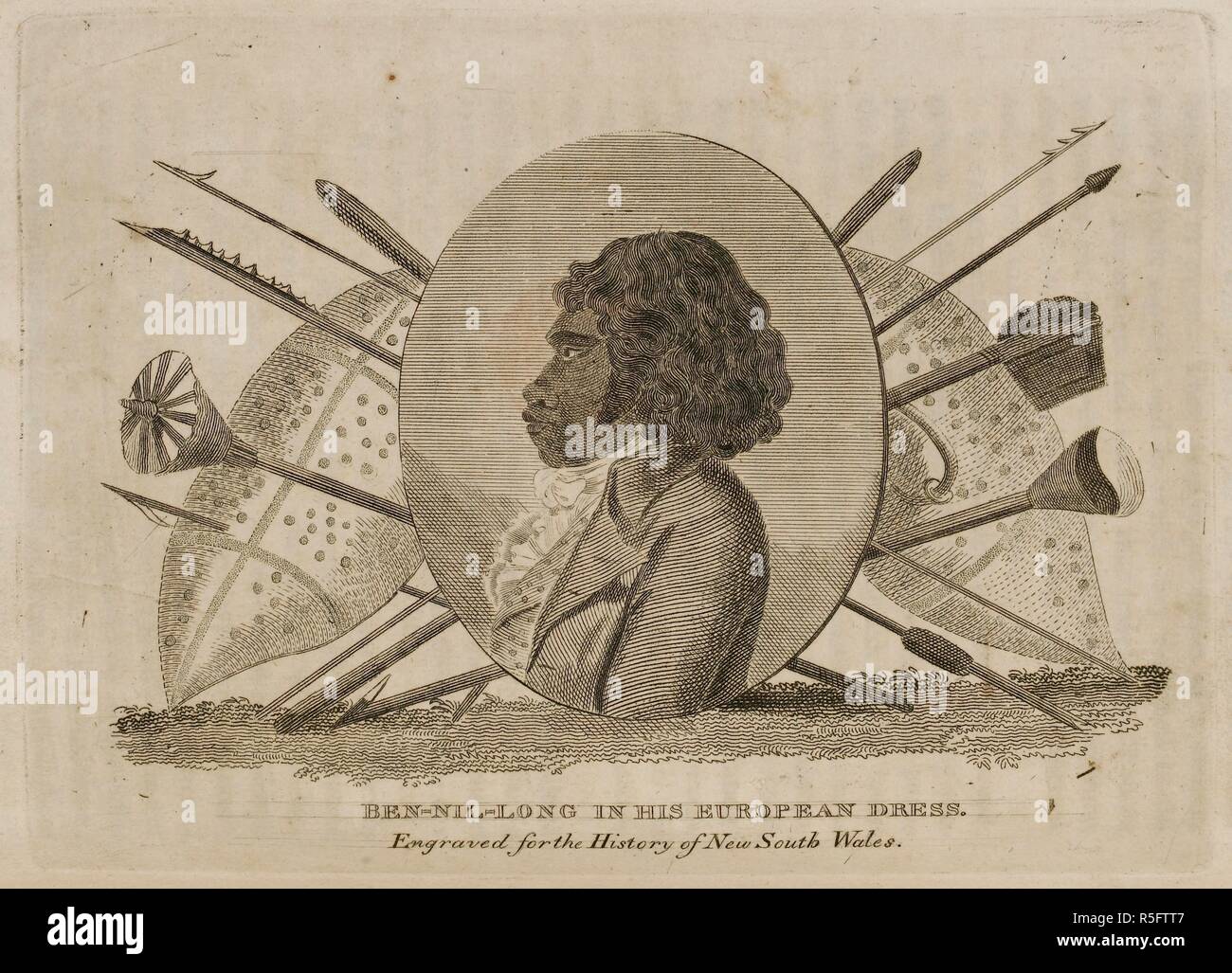 Ben-Nil-Long in his European dress'. A profile of an Aboriginal man in  European dress, bust; oval portrait with Aboriginal weapons behind, e.g.  spears and shields. The subject, Woollarawarre Bennelong (c. 1764 â€“