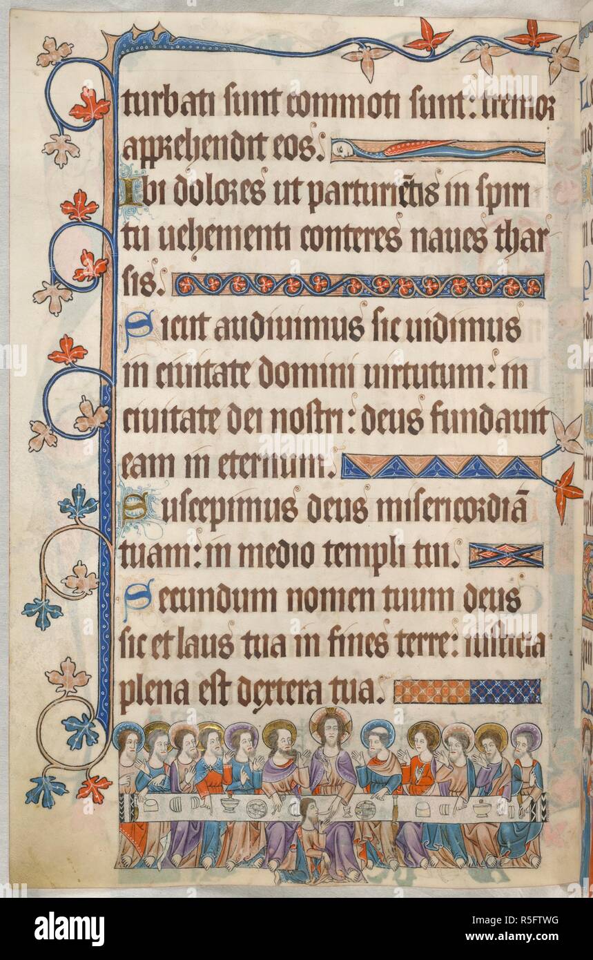 Psalm 47; the Last Supper. Luttrell Psalter. England [East Anglia]; circa 1325-1335. [Whole folio] Psalm 47, with border decoration. In the lower margin, the Last Supper, with Christ and the apostles seated behind a long trestle table; Judas kneels in front of the table, receiving the cup from Christ  Image taken from Luttrell Psalter.  Originally published/produced in England [East Anglia]; circa 1325-1335. . Source: Add. 42130, f.90v. Language: Latin. Stock Photo