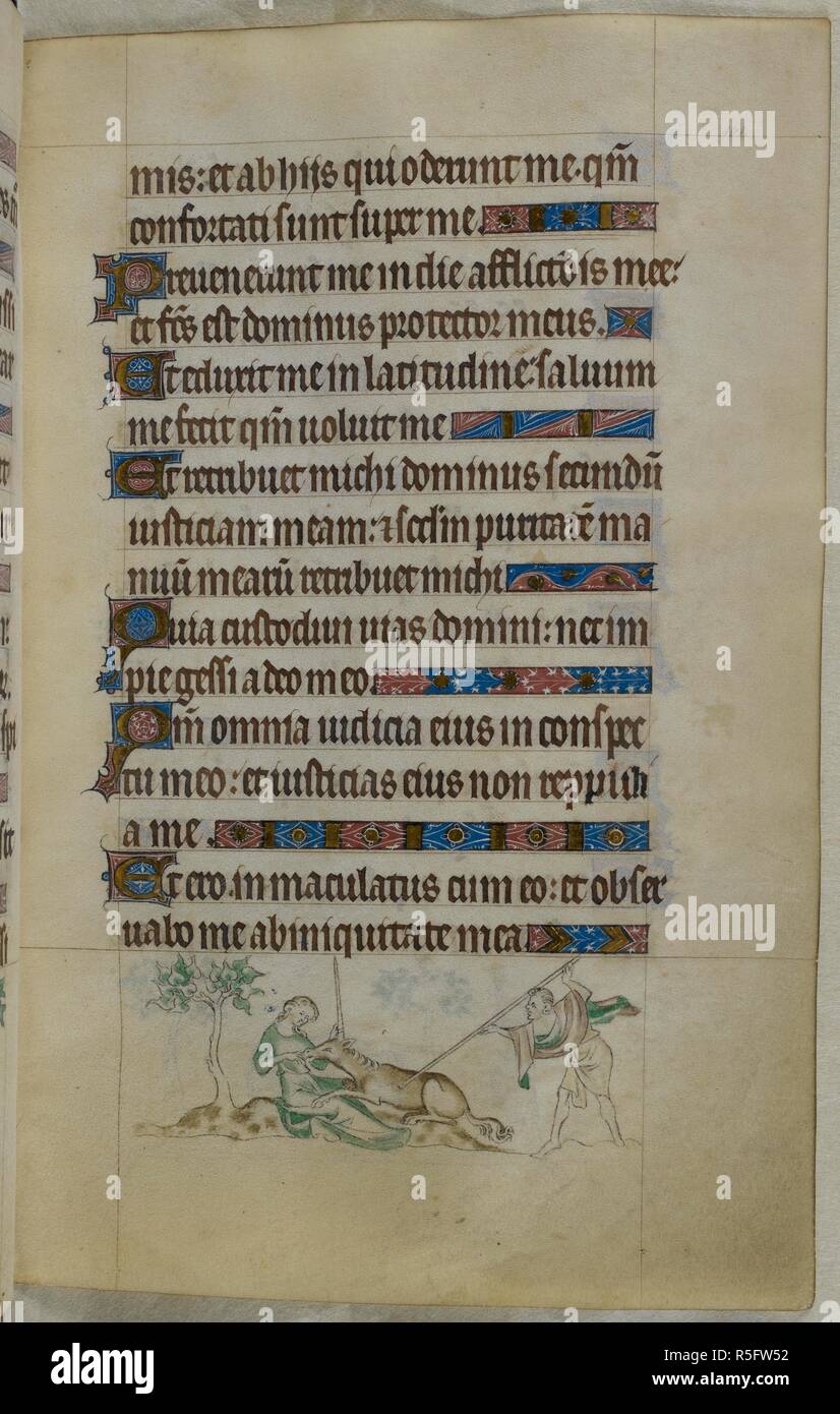 Bas De Page Scene Of A Unicorn Being Speared By A Hunter As It Rests In The Lap Of A Virgin Psalter The Queen Mary Psalter England London Westminster Or East Anglia Between 1310 And