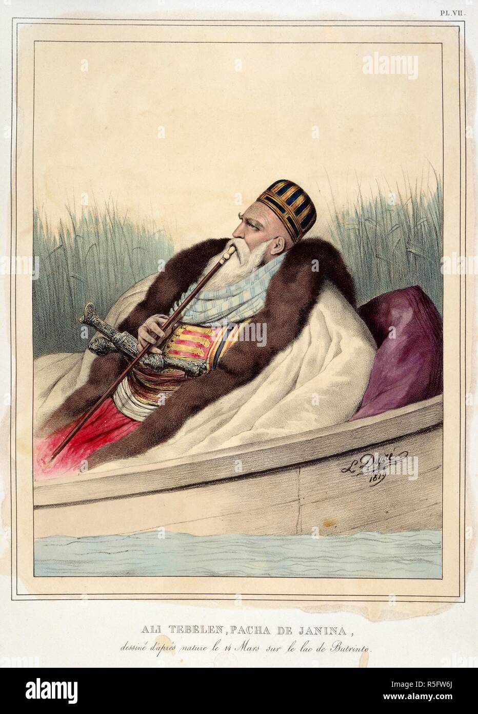 Ali Tebelen, Pacha de Janina. Voyage Ã  AthÃ¨nes et Ã  constantinople; ou collectio. Paris, 1825. Ali Pasha, surnamed Arslan, also known as the Lion of Janina. Referred to as the 'Mohammedan Bonaparte'. (c.1741-1822). Portrait. Born in Tepeleni, Albania. A former brigand, he maintained a court and negotiated with both Great Britain and France. Deposed and put to death.  Image taken from Voyage Ã  AthÃ¨nes et Ã  constantinople; ou collection de Portraits, de Vues et de Costumes Grecs et Ottomans.  Originally published/produced in Paris, 1825. . Source: Tab.1237.a, plate VII. Language: French. Stock Photo