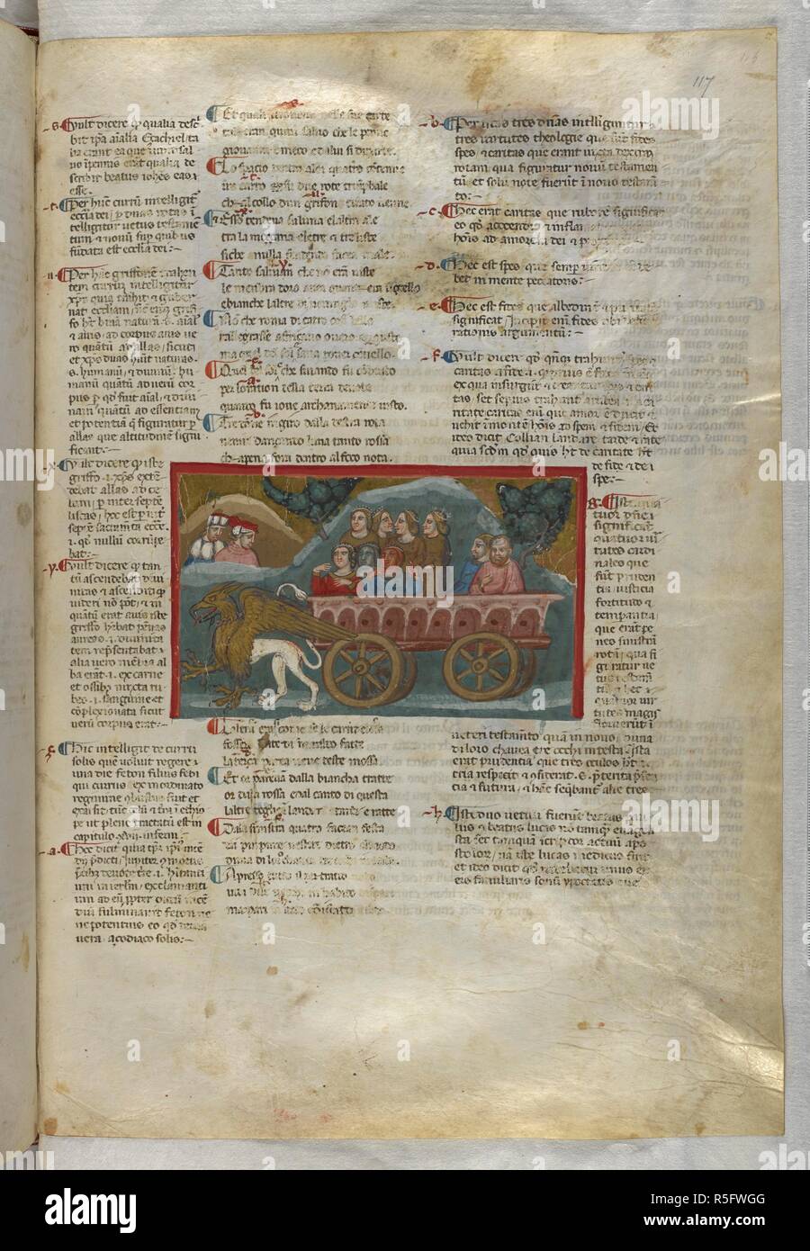 Purgatorio: They see a cart pulled by a griffon. Dante Alighieri, Divina Commedia ( The Divine Comedy ), with a commentary in Latin. 1st half of the 14th century. Source: Egerton 943, f.117. Language: Italian, Latin. Stock Photo