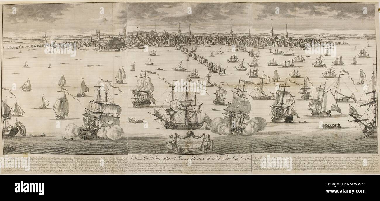 Boston seen from Castle Island, with British ships and boats sailing in the foreground; wharves, harbour, shipyards, churches, houses of distinguished citizens, meeting houses, churches and chapels along the waterfront in the background. A South East View of ye Great Town of BOSTON in New England in America : To the Hon.ble Sam.l Shute Esq.r Cap.t General & Gov.r in Chief of his Maj.ti's Provinces of the Massachusetts Bay & New Hampshire in New England and Vice Admiral of the same... [Boston] : Printed, coulred & sold by Wm. Price Print & Mapseller over against the Town house in Boston where m Stock Photo