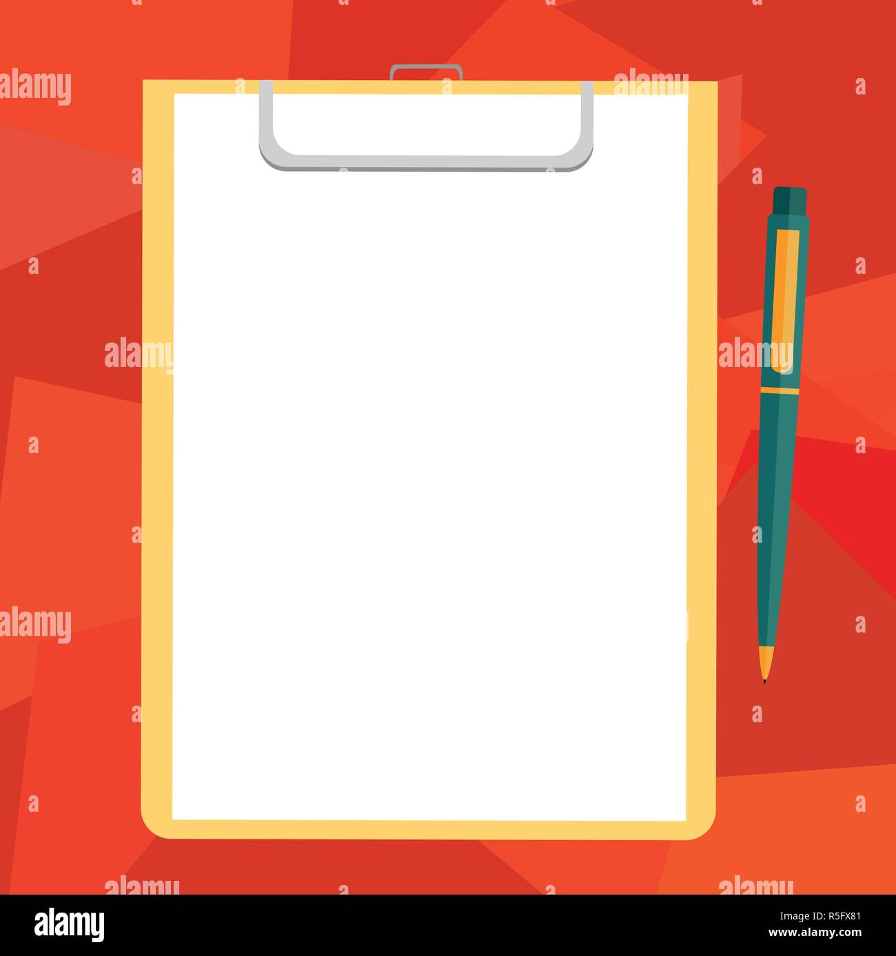 Business concept Empty template copy space isolated Posters coupons promotional material. Blank Sheet of Bond Paper on Clipboard with Click Ballpoint  Stock Vector