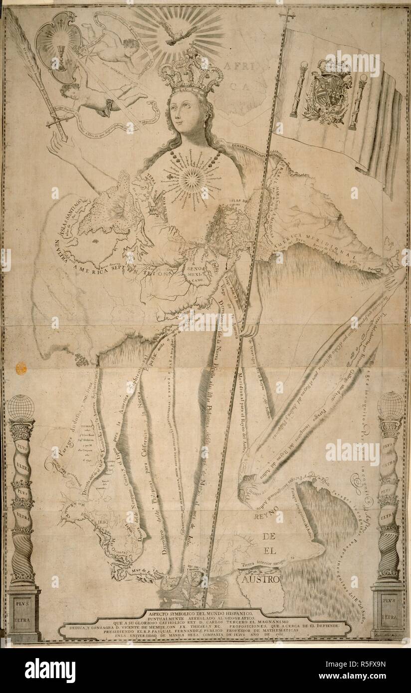 An allegorical map of the Spanish Empire showing the empire as a crowned female figure. Spain forms her head, her crown includes the names of Iberian Kings, the Americas form her mantle, the sailing routes from America to the Philippines form the folds of her skirt and the Philippines form her feet. One hand holds her staff (the equator) and the other holds a flaming sword inscribed with biblical quotations . ASPECTO SIMBOLICO DEL MUNDO HISPANICO, : PUNTUALMENTE ARREGLADO AL GEOGRAFICO, / DEDICA, Y CONSAGRA D. VICENTE DE MEMIJE, CON IX. THESES, Y XC. PROPOSICIONES, QUE A CERCA DE EL DEFIENDE.. Stock Photo