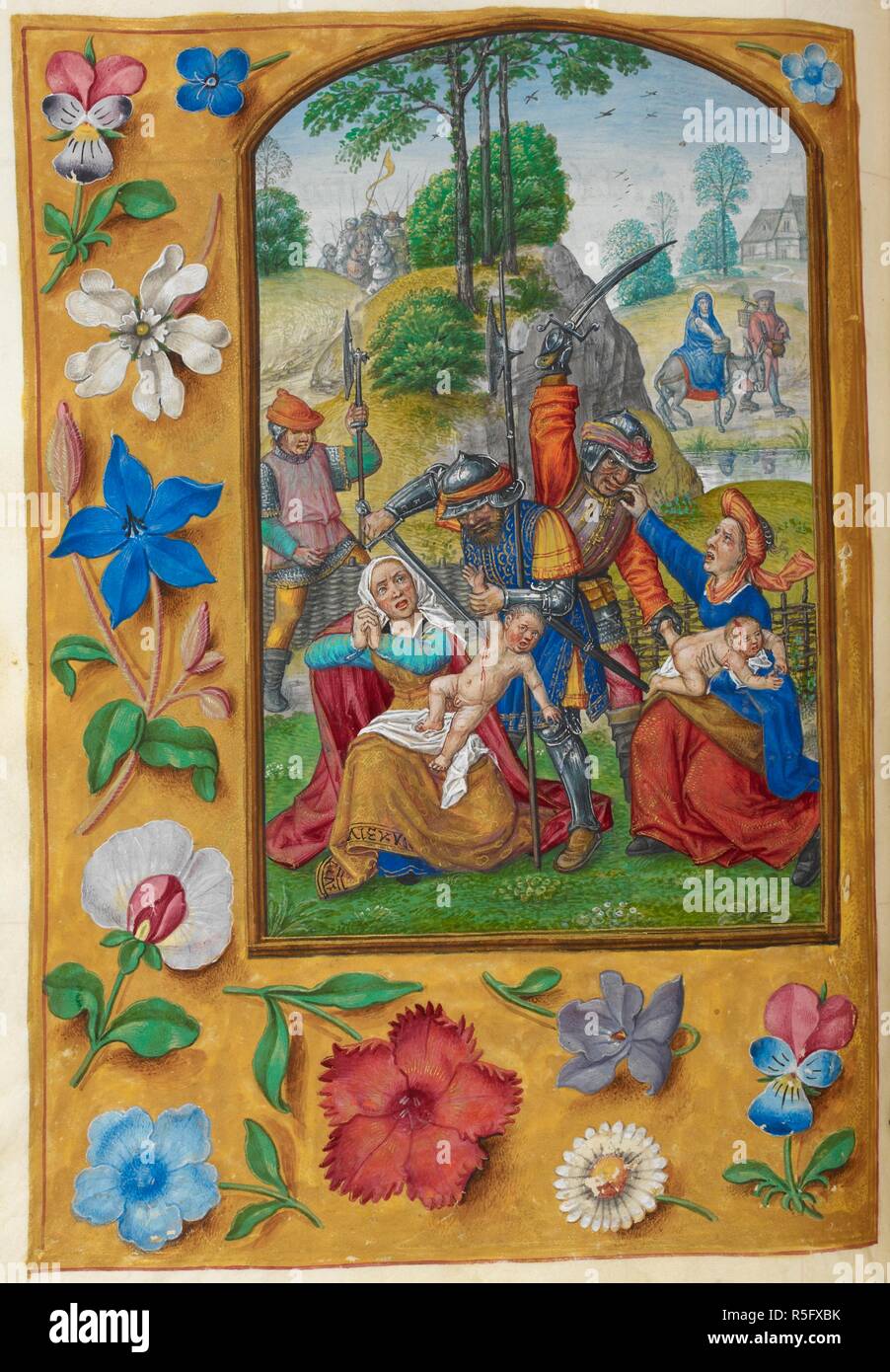 The massacre of the innocents. A border of flowers and insects. Hours of the Virgin, etc. Late 15th - 16th cent. Source: Add. 35313 f.111v. Stock Photo
