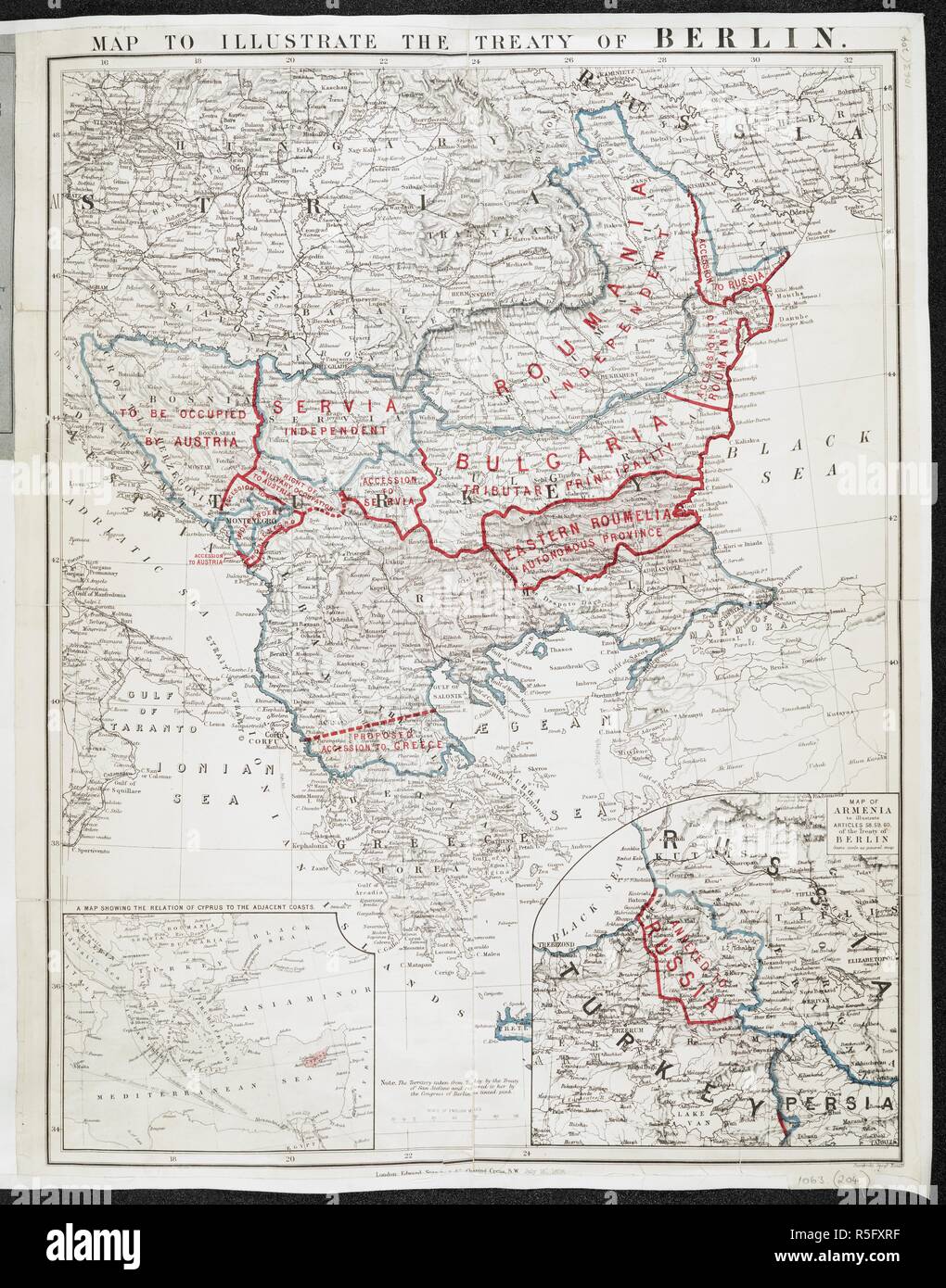 A map to illustrate the treaty of Berlin. Map to illustrate the treaty of Berlin. London : Edward Stanford, 1878. Source: Maps 1063.(204.). Language: English. Stock Photo