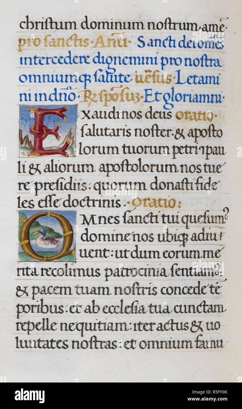 Text page; initials 'E' and 'O'. Mirandola Hours. Italy, circa 1490-1499. [Whole folio] Text page from the Hours of the Virgin. Initials 'E' and 'O', formed of branches with scenic backgrounds Image taken from Mirandola Hours. Originally published/produced in Italy, circa 1490-1499. Source: Add. 50002, f.48v. Language: Latin. Stock Photo