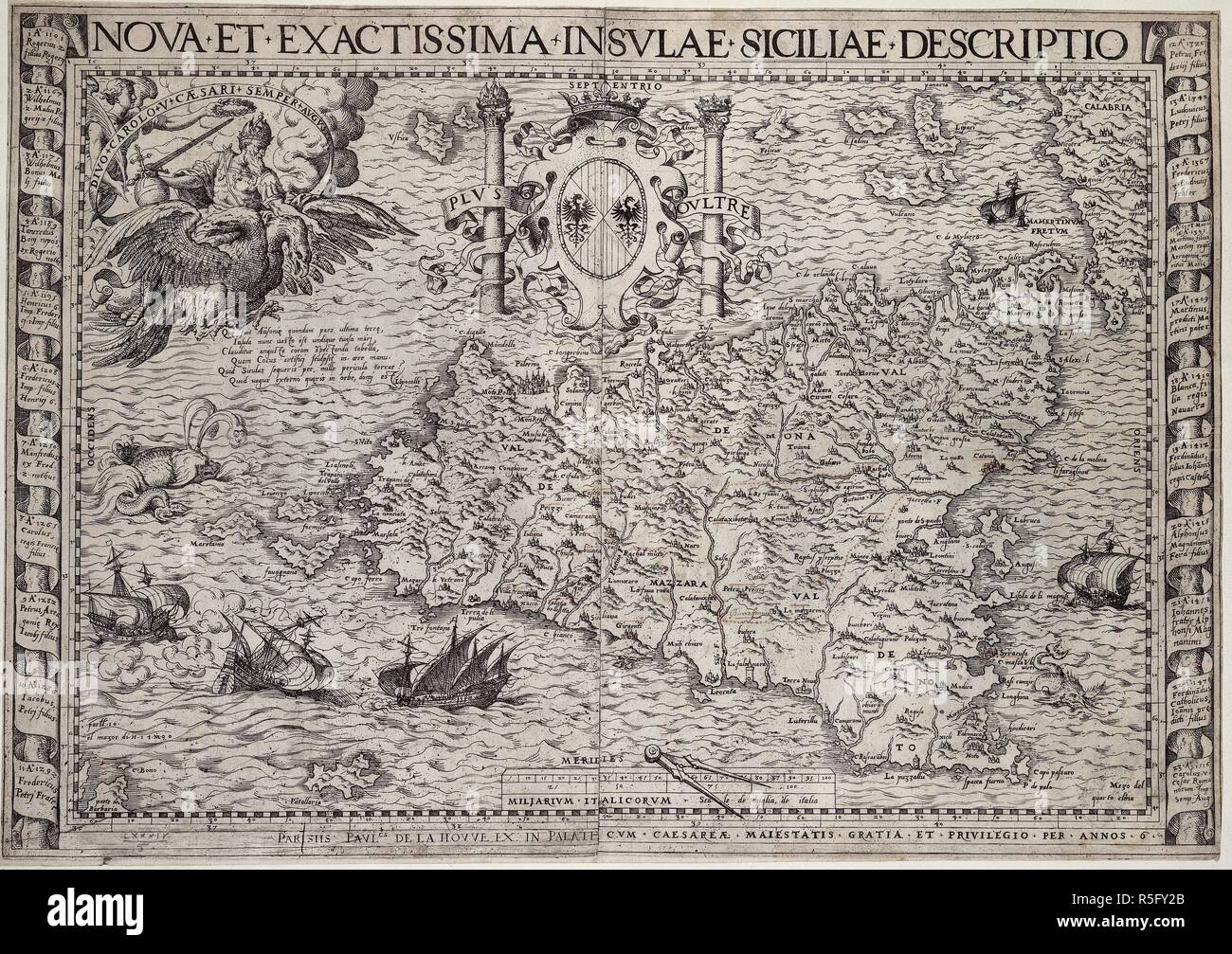 A 17th century map of Sicily. Nova et exactissima insulae Siciliae descriptio ... P. de la Houe ex. Paris, [1610?]. Source: Maps.K.Top.84.5. Language: Latin. Author: Houe, Paul de la. Stock Photo