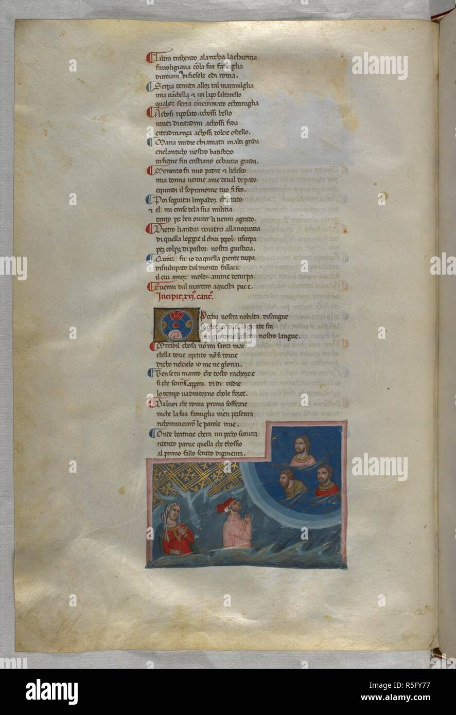 Paradiso : Dante talks to Cacciaguida, who is with two other male souls. Dante Alighieri, Divina Commedia ( The Divine Comedy ), with a commentary in Latin. 1st half of the 14th century. Source: Egerton 943, f.154v. Language: Italian, Latin. Stock Photo