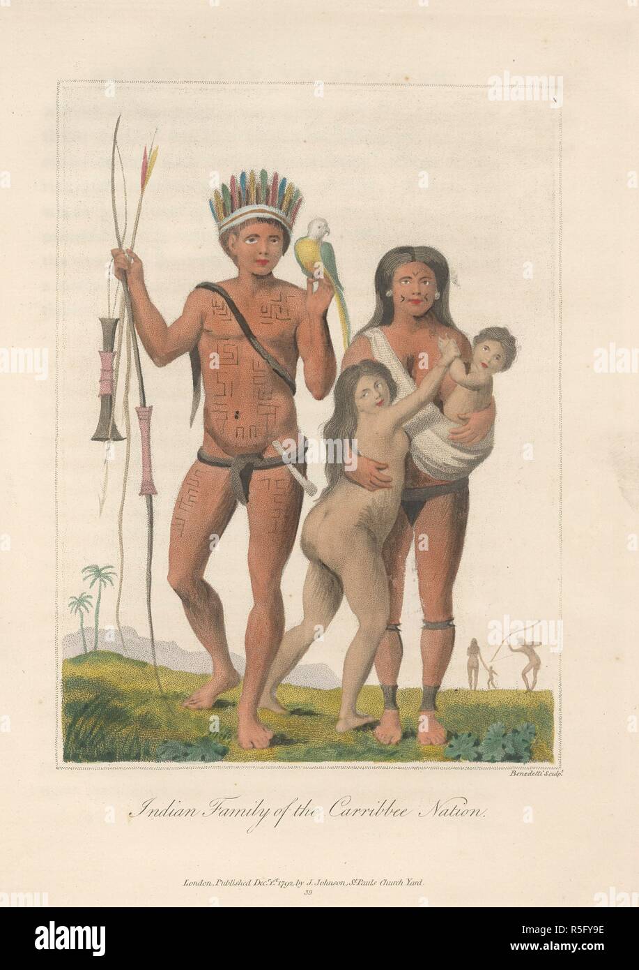 Indian family of the Carribbee nation. Narrative of a five years expedition against the revolted Negroes of Surinam, from the year 1772 to 1777, elucidating the history of that country and describing its productions. J. Johnson: London, 1796. Source: 145.f.15 volume 1, opposite 380. Language: English. Author: Stedman, Captain John Gabriel. Stock Photo