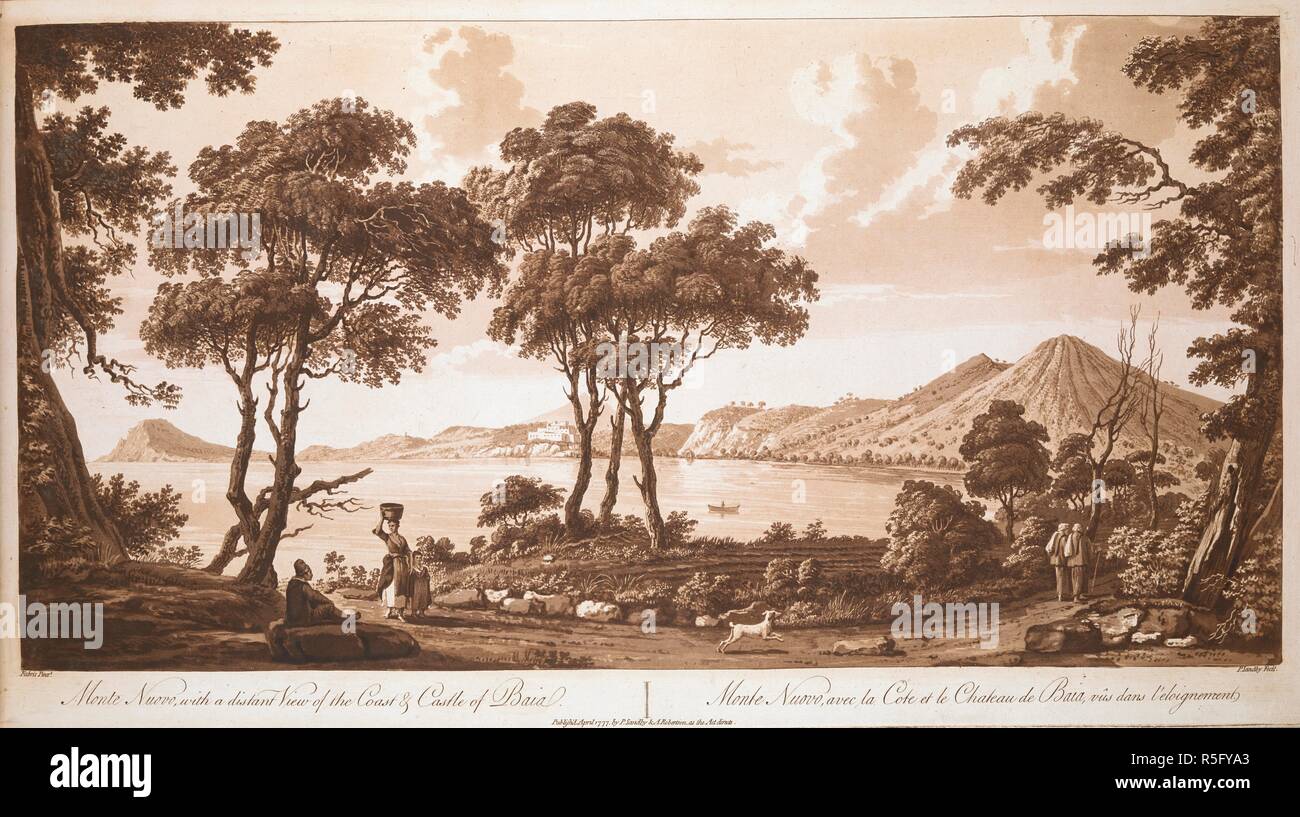 A man sits by the road under the trees in the foreground, with a woman and a young girl on the left and two Franciscan monks walking away on the right. Monte Nuovo, Baiae and Castello Aragonese seen from Pozzuoli in the background. Monte Nuovo, with a distant View of the Coast & Castle of Baia = Monte Nuovo, avec la Cote et le Chateau de Baia, vÃ»s dans l'eloignement. [London] : Publish'd April 1777. by P. Sandby & A. Robertson, as the Act directs, [April 1777]. Aquatint, etching and engraving, printed in sepia. Source: Maps 7.Tab.60, plate 2. Language: English and French. Author: FABRIS, PETE Stock Photo