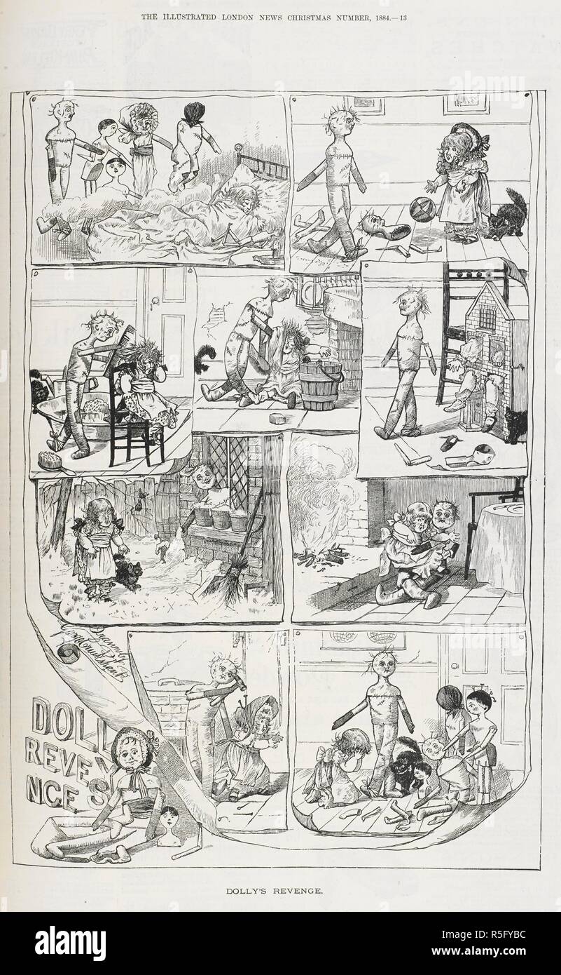 'Dolly's revenge'. In this Victorian dream comic from the Christmas edition, Percy Cruikshank presents a story reminiscent of fairytales, with all their quality of fantasy and nightmare. in 'Dolly's revenge', a little girl dreams of her maltreated doll meting out a gruesome revenge, in one instance hammering nails into her owner's head. The Illustrated London News. London, 1884. Source: P.P.7611, December 1884. Stock Photo