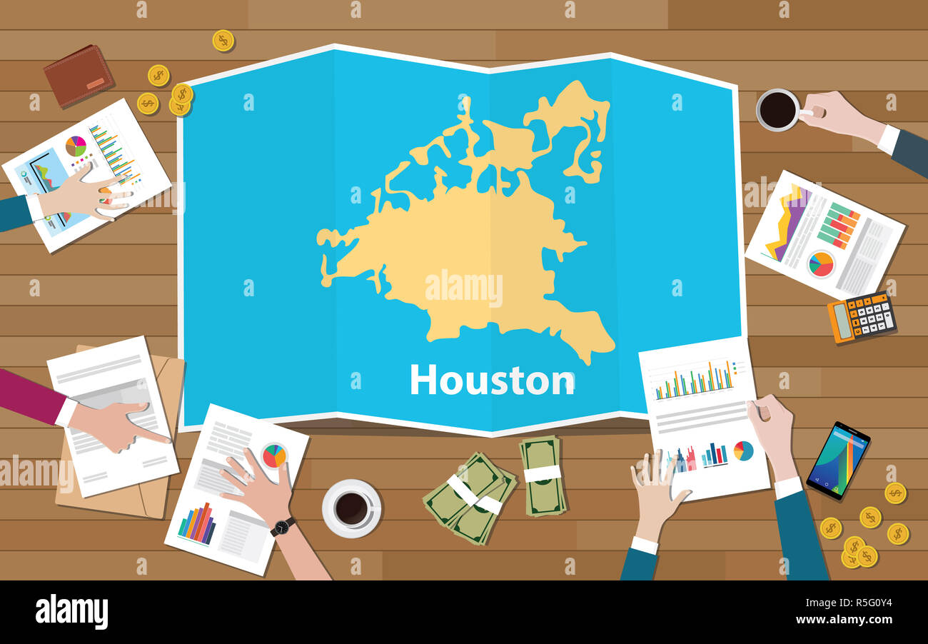 houston texas america city region economy growth with team discuss on fold maps view from top vector illustration Stock Photo