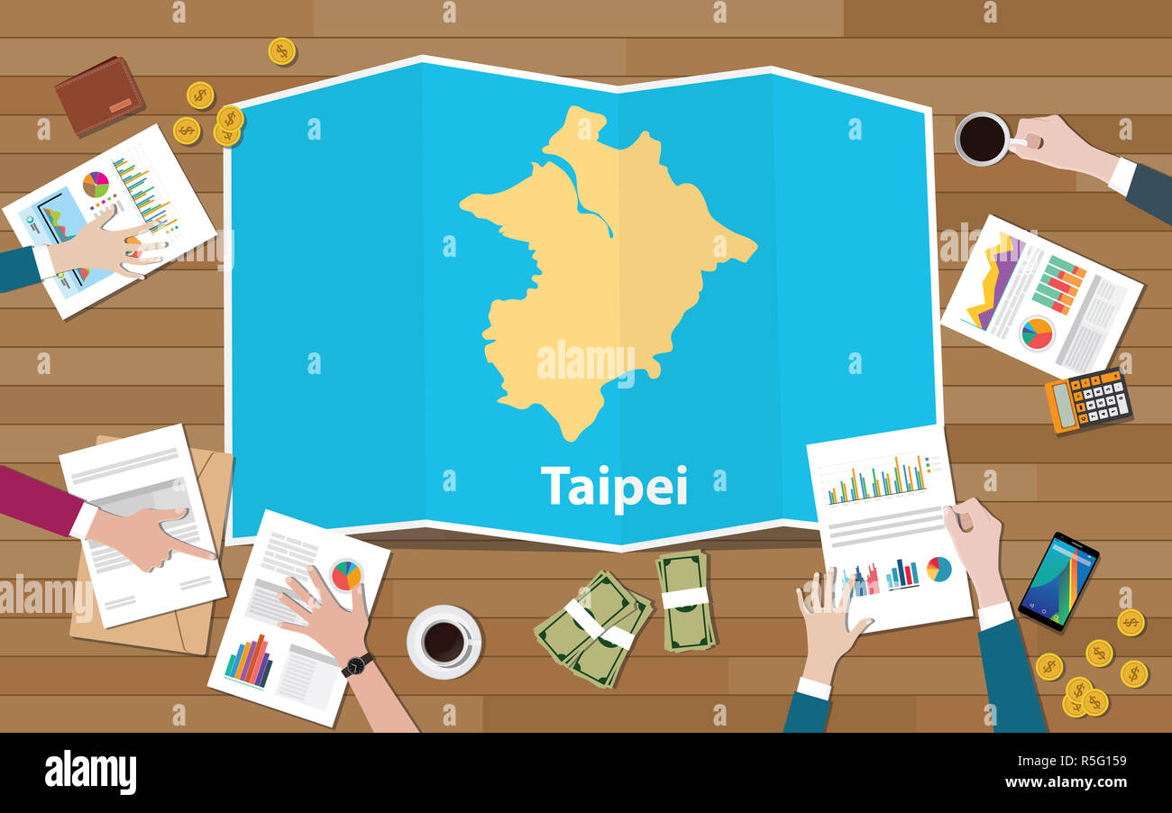 taipei capital taiwan city region economy growth with team discuss on fold maps view from top vector illustration Stock Photo