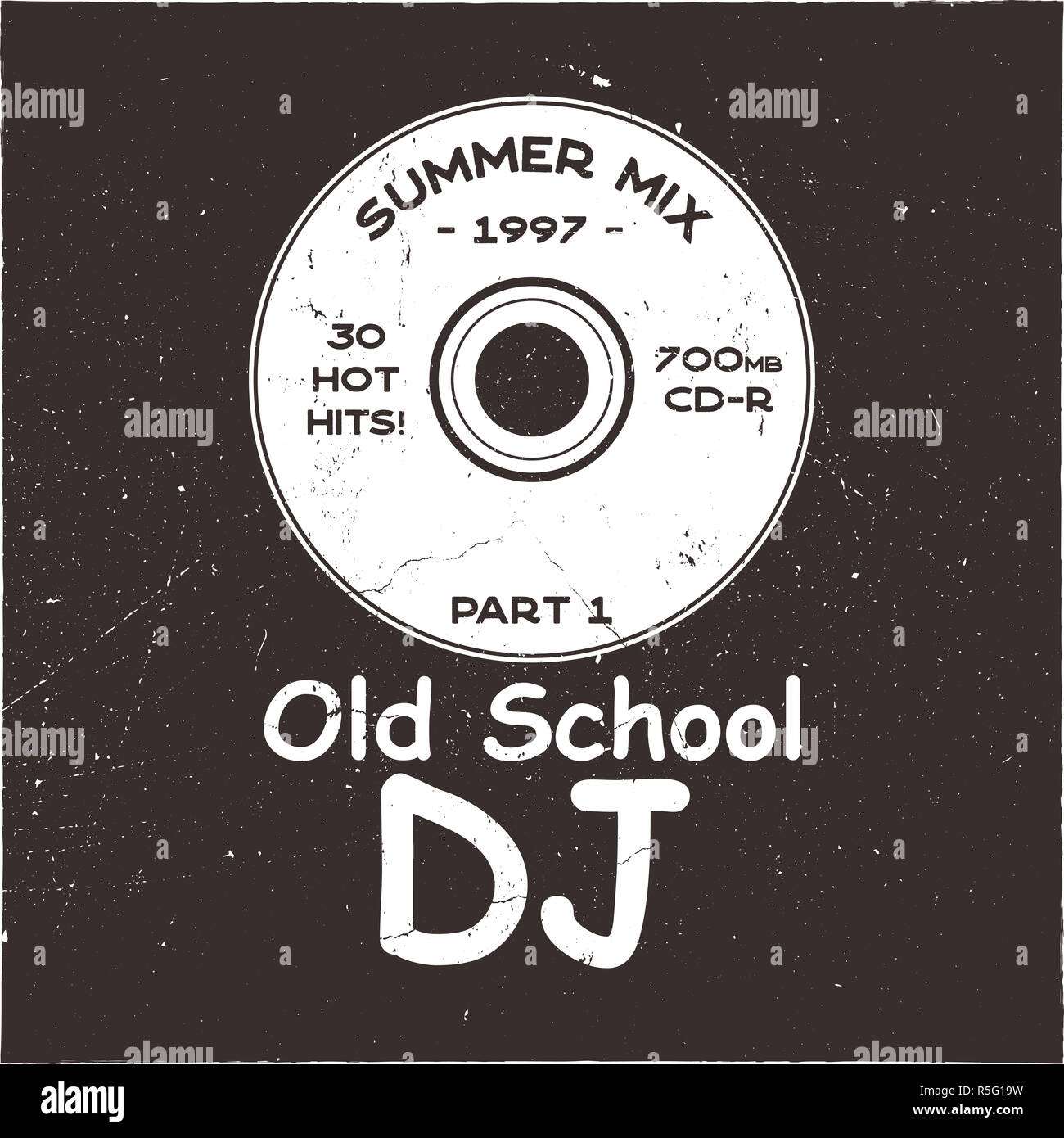 Music concept T-shirt Old School DJ tee with CD and sign - summer mix 1997. 90s funny poster. Stock brochure on dark grunge background Stock Photo - Alamy
