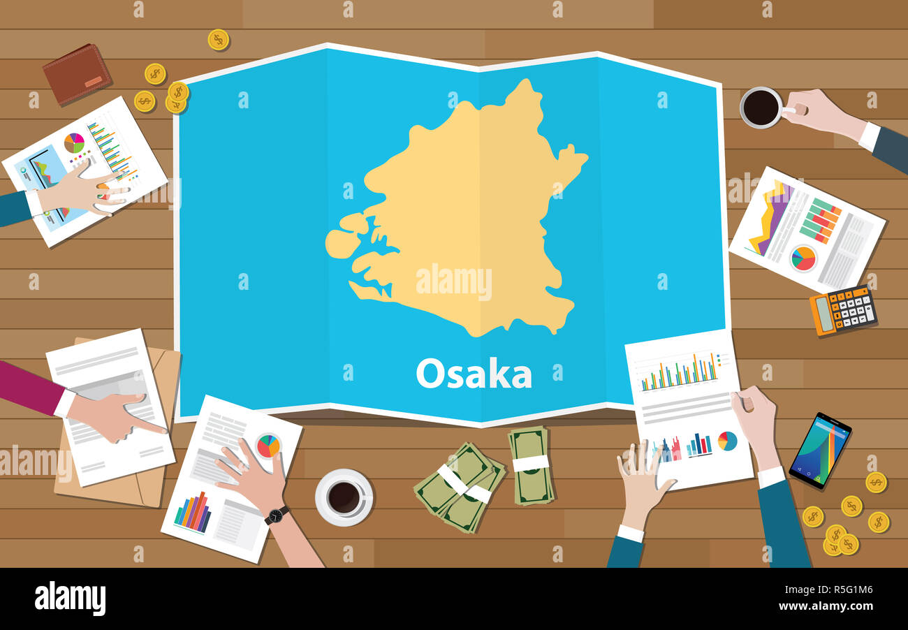 osaka kansai japan city region economy growth with team discuss on fold maps view from top vector illustration Stock Photo