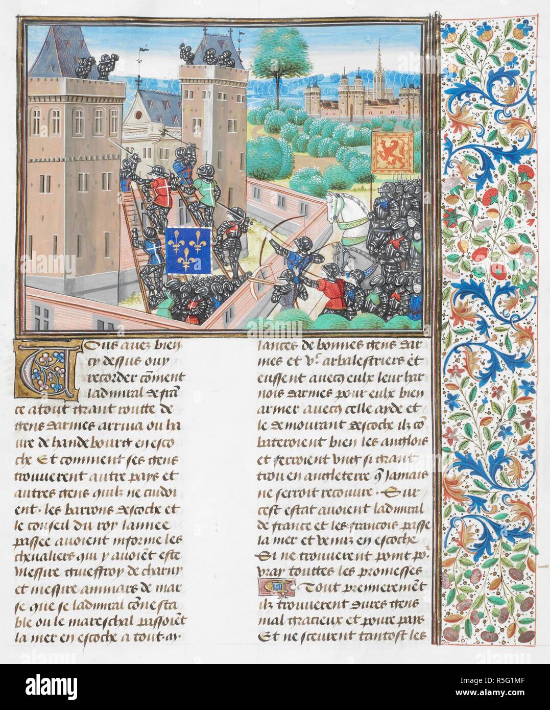 Capture of Wark Castle. Text and floral border. Chroniques. Netherlands, S. Last quarter of the 15th century, before 1483. Source: Royal 18 E. I f.345. Language: French. Author: FROISSART, JEAN. Stock Photo