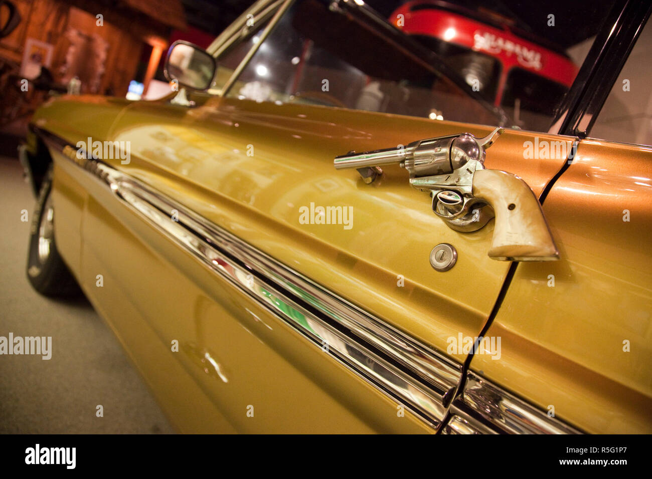 USA, Alabama, Muscle Shoals Area, Tuscumbia, Alabama Music Hall of Fame, Happy Hal Burns, cowboy car, revolver as door handle Stock Photo