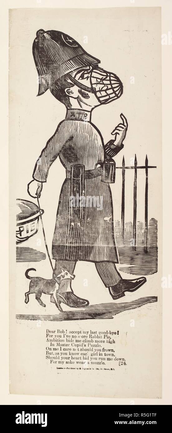 Illustration for a Valentine card. A policeman wearing a muzzle, walking a dog. [A collection of 111 Valentines.] (There are 161 plates). [London, 1845-50?]. Source: HS.85/2 plate 141. Stock Photo
