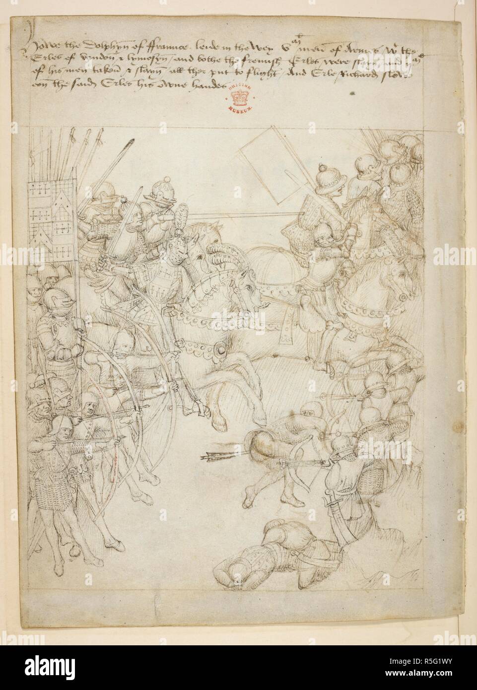 Pageant XL Richard Beauchamp, Earl of Warwick, leading the English army against the French under the Dauphin, 1419. Warwick, wearing a helmet decorated with an ostrich plume, leads his knights in pursuit of the retreating french cavalry. English archers armed with their longbows face French archers armed with cross bows. Beauchamp Pageants. S. Netherlands [Bruges?]; after 1483. Source: Cotton Julius E. IV, art. 6, f.20v. Language: English. Stock Photo
