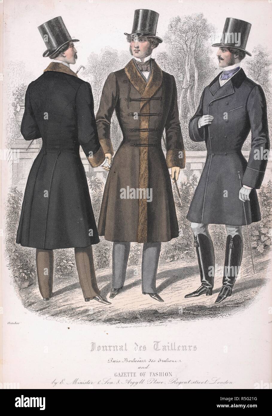 Three men wearing coats and top hats. Gazette of Fashion (containing plates  from Journal des Tailleurs). London, 1854. Source: Gazette of Fashion.  October 1854, opposite p.34 Stock Photo - Alamy