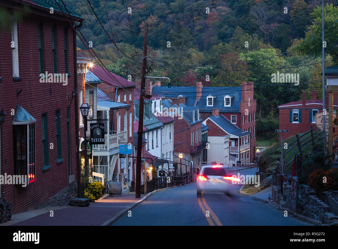 USA, West Virginia, Harpers Ferry, Harpers Ferry National Historic Park, buildings along High Street Stock Photo