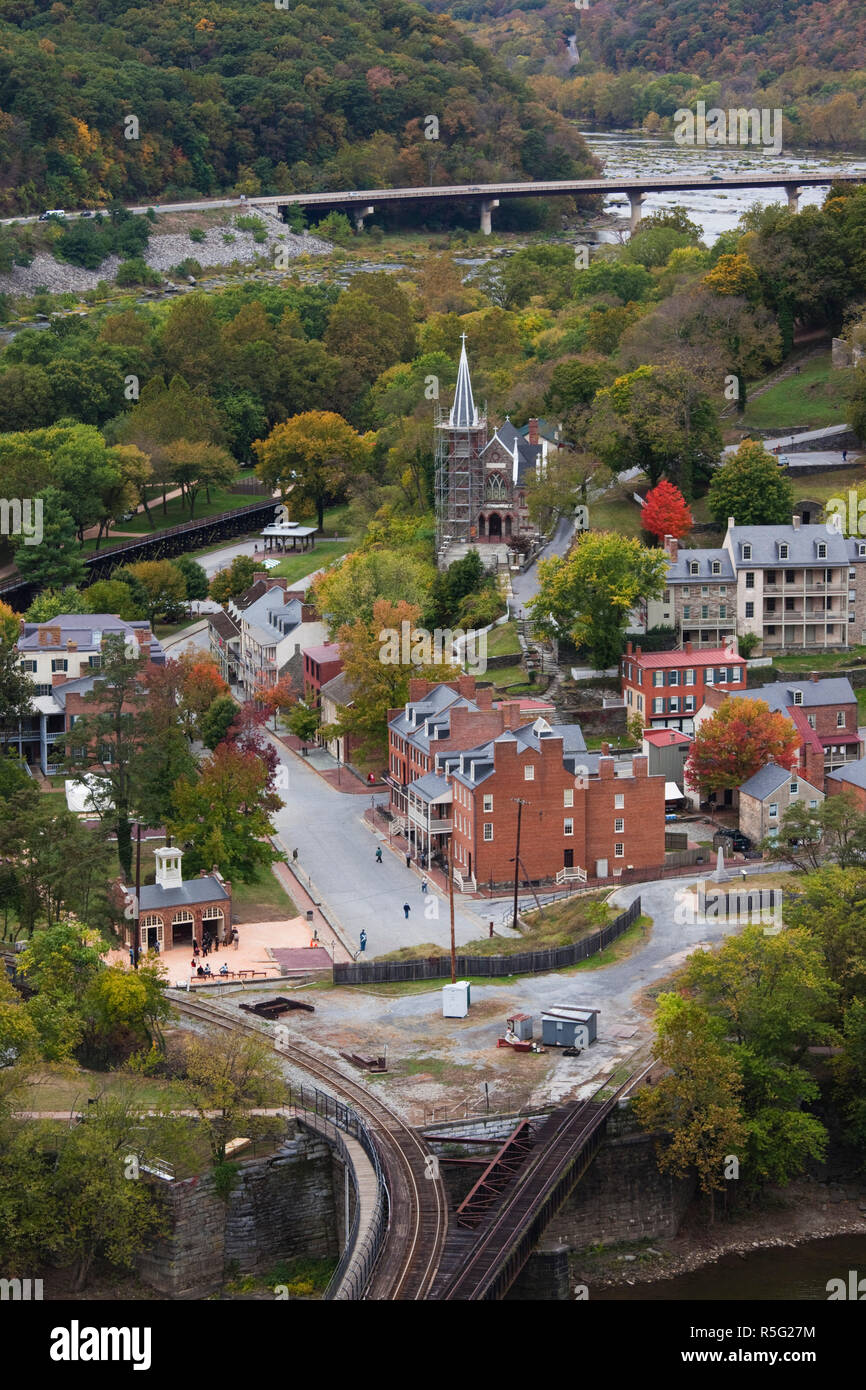 USA, West Virginia, Harpers Ferry, Harpers Ferry National Historic Park, high angle view from the Maryland Rocks Stock Photo