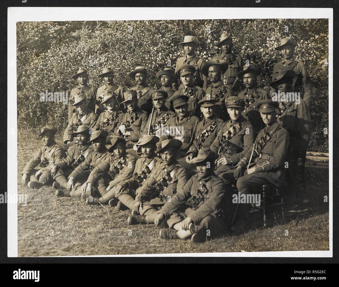 British & Indian officers of 2/2 Gurkhas with Brig. Gen. Norie [ St Floris, France]. Group portrait, in uniform, 23rd July 1915. Record of the Indian Army in Europe during the First World War. 20th century, 23rd July 1915. Gelatin silver prints. Source: Photo 24/(67). Author: Girdwood, H. D. Stock Photo