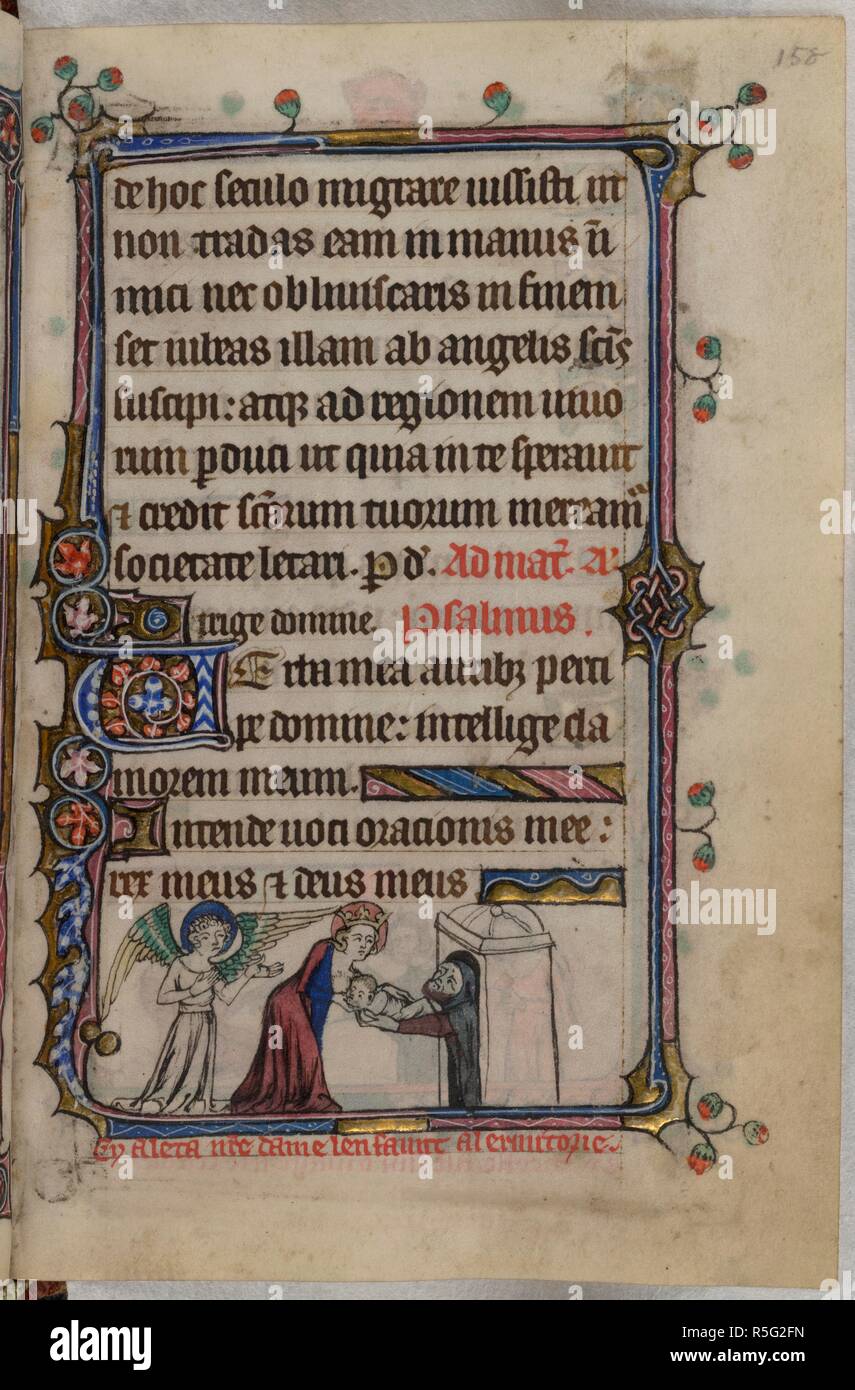 Bas-de-page scene of the Abbess Delivered, with the Virgin Mary nursing the abbessâ€™s child, held out to her by the hermit in his cell, with a caption reading, â€˜Cy aleta n[ost]re dame lenfaunt a lermitoreâ€™ . Book of Hours, Use of Sarum ('The Taymouth Hours'). 2nd quarter of the 14th century. Source: Yates Thompson 13, f.158. Language: Latin and French. Stock Photo