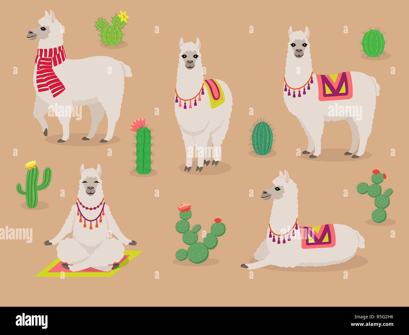Set of cute llamas in different poses, desert with cactus Stock Vector