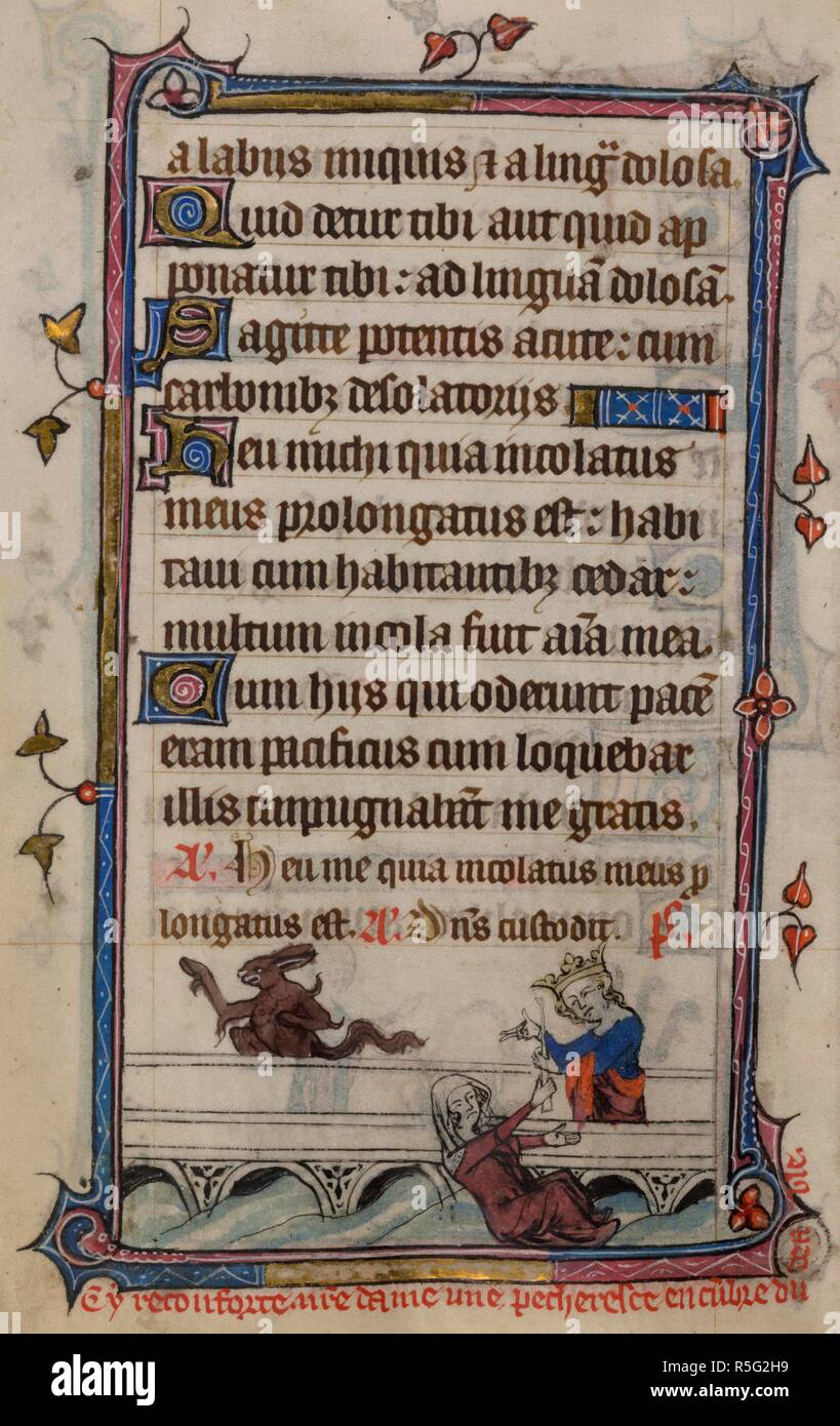 Bas-de-page scene of the Virgin Mary rescuing a woman whom the devil had tried to drown, with a caption reading, â€˜Cy reconforte n[ost]re dame une pecheresce encu[m]bre du deableâ€™ . Book of Hours, Use of Sarum ('The Taymouth Hours'). England, S. E.? (London?); 2nd quarter of the 14th century. Source: Yates Thompson 13, f.152v. Language: Latin and French. Stock Photo