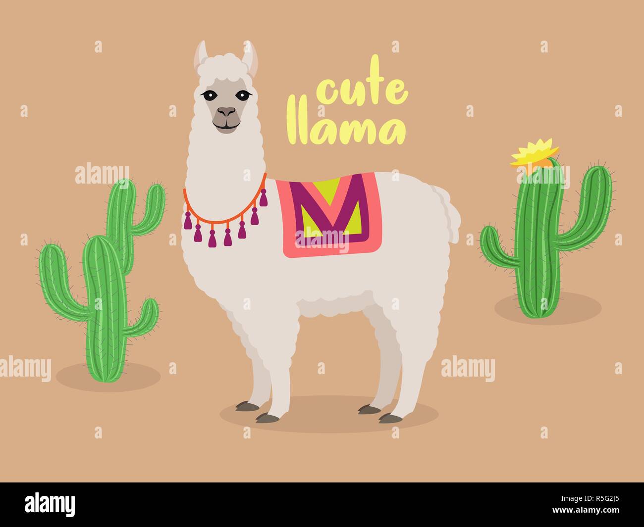 Cute llama in desert with cactus vector Stock Vector