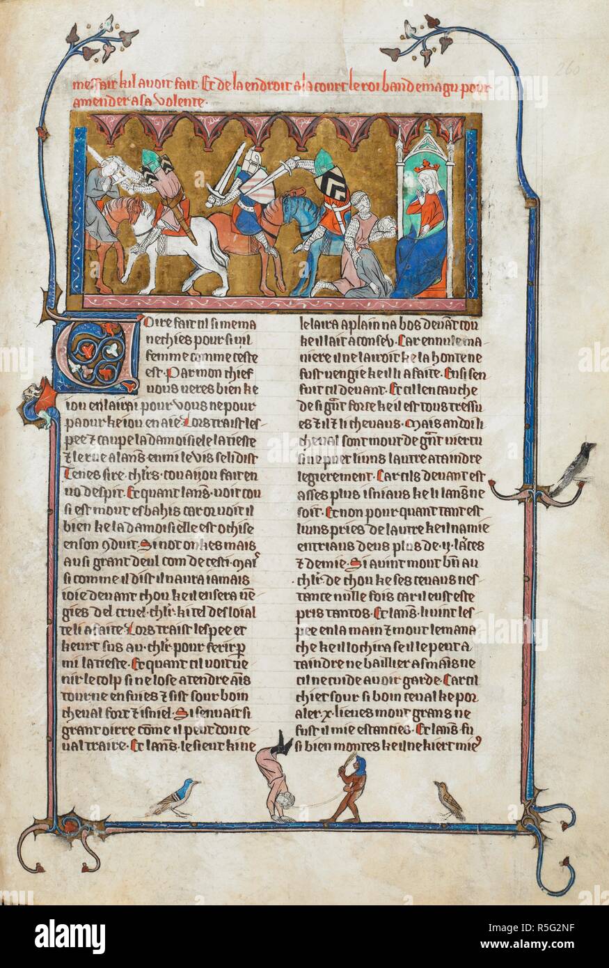 Miniature of a knight cutting off a woman's head, Lancelot fighting the knight, and the knight keeling before Guinevere and showing the woman's head and body, with an illuminated initial 'v'(oire) and a partial bar border containing an ape with whip and chain making a man dance, in the lower margin. Lancelot du Lac. France?; begining of 14th century. Source: Royal 20 D. IV, f.260. Language: French. Stock Photo
