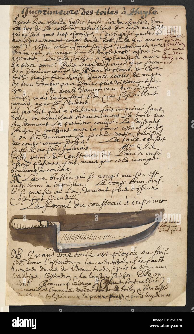 Priming knife. Sir Theodore de Mayerne, Pictoria, sculptoria et quae subalternarum artium (the 'Mayerne manuscript'). 1620-1646. The manuscript contains miscellaneous notes on the subject of artistic techniques, including the making of pigments, oils and varnishes, the priming and preparation of surfaces for painting, and the repair and conservation of paintings. The manuscript also contains notes of chemical experiments, including diagrams and sheets of pigment samples. Source: Sloane 2052, f.5. Author: Mayerne, Theodore Turquet de, Baron. Stock Photo