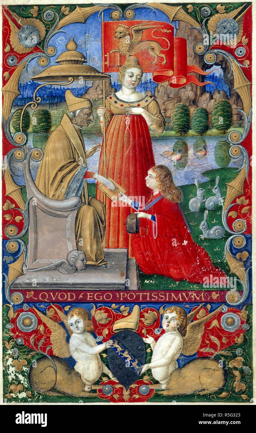 Doge Marco Barbarigo. Panegyric on Doge Marco Barbarigo. Italy [Venice]; 1486. [Whole folio] The author presenting the book to his grandfather, Doge Marco Barbarigo, as a female figure, a personification of Venice holding a banner with the Lion of St Mark, looks on. At the foot, the arms of Marco Barbarigo, surmounted by a doge's cap, and supported by two angel hybrid figures  Image taken from Panegyric on Doge Marco Barbarigo.  Originally published/produced in Italy [Venice]; 1486. . Source: Add. 21463, f.1. Language: Latin. Stock Photo